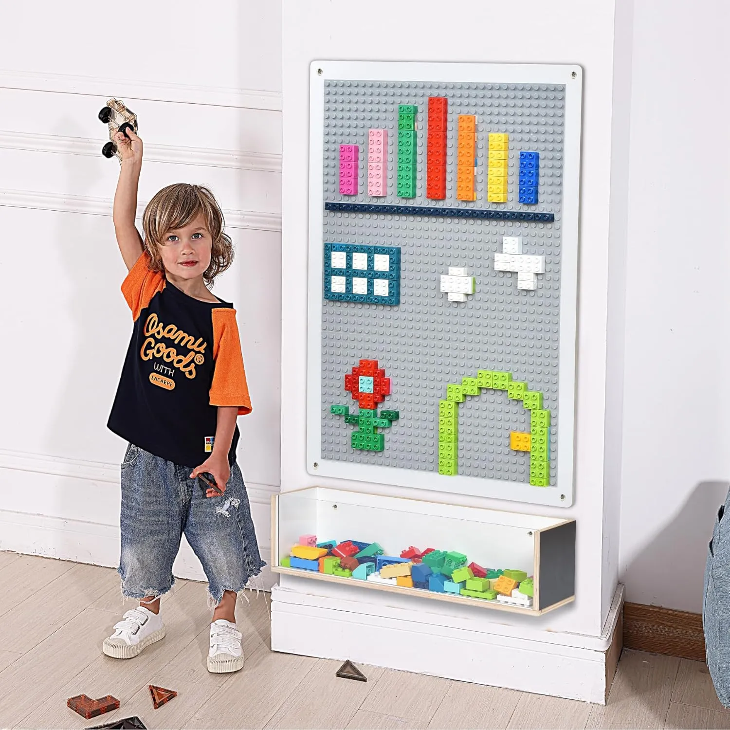 Vertical Building Brick Base Plate & Chalkboard Surface, 2-Sided Activity Panel and Blackboard for Kids&Toddlers Playroom, Compatible with All Major Block Brands