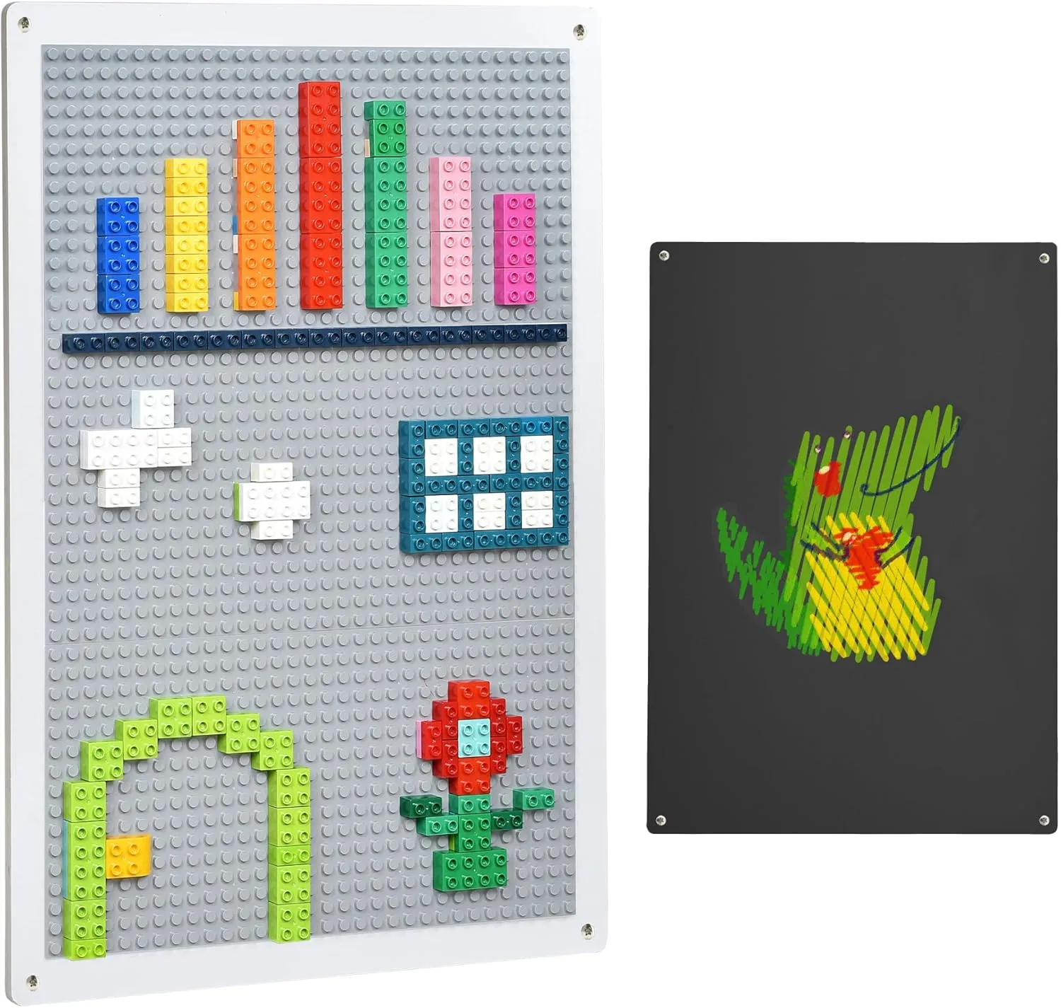Vertical Building Brick Base Plate & Chalkboard Surface, 2-Sided Activity Panel and Blackboard for Kids&Toddlers Playroom, Compatible with All Major Block Brands