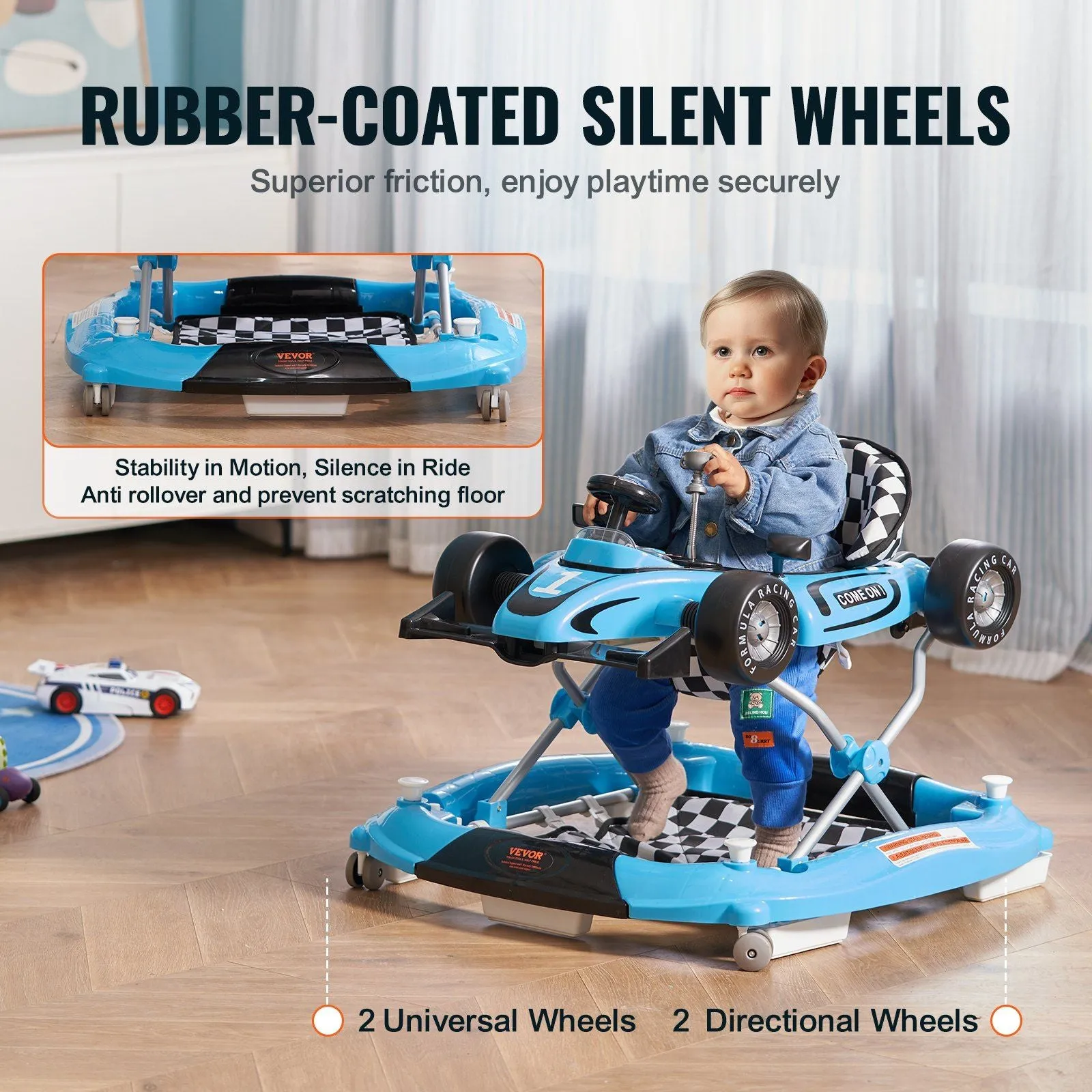 VEVOR 4-in-1 Baby Walker, Foldable Baby Activity Center with Wheels, Adjustable Height, Light, Steering Wheel, Learning-Seated | Walk-Behind | Toy Car | Rocker Toddler Walker for Boys Girls 6-24 Month
