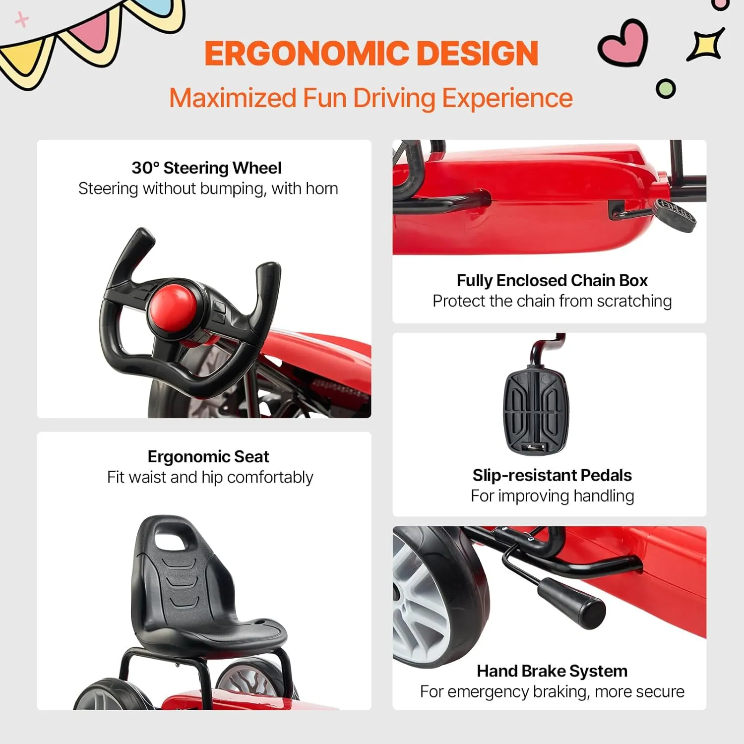 VEVOR Kids Pedal Go Kart, 4 Wheel Off-Road Pedal Go Cart Ride On Toy for Kids, Steering Wheel, Adjustable Seat, Hand Brake, EVA Wheels, Outdoor Racer Ride On Pedal Car for Boys & Girls Ages 5-12, Red