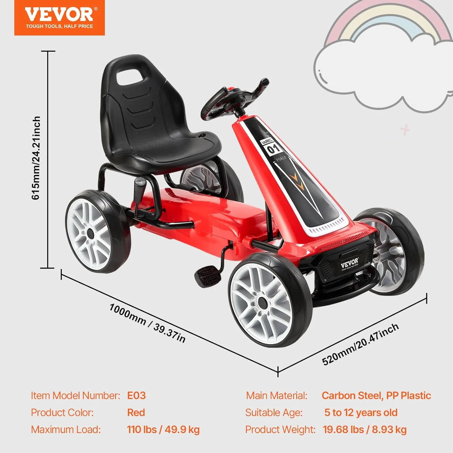 VEVOR Kids Pedal Go Kart, 4 Wheel Off-Road Pedal Go Cart Ride On Toy for Kids, Steering Wheel, Adjustable Seat, Hand Brake, EVA Wheels, Outdoor Racer Ride On Pedal Car for Boys & Girls Ages 5-12, Red