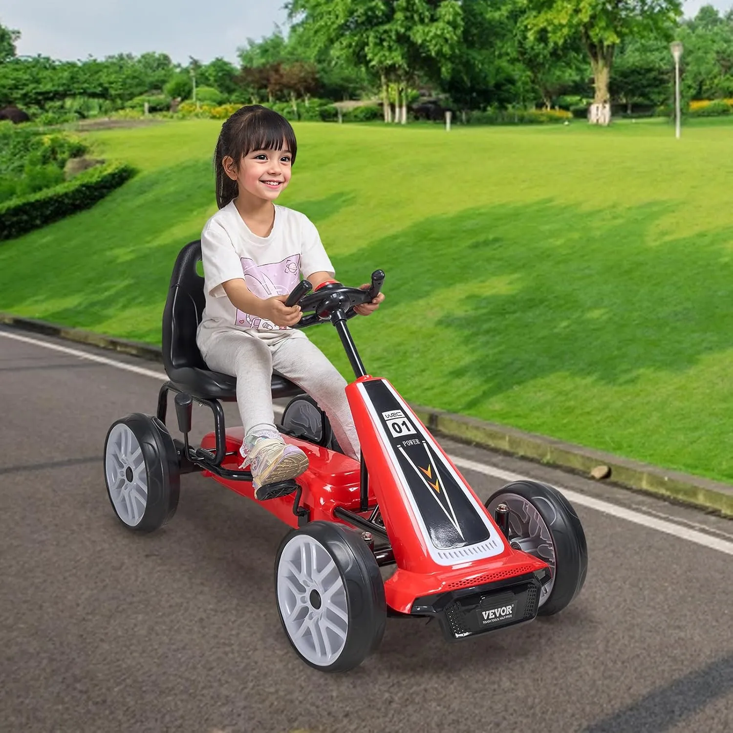 VEVOR Kids Pedal Go Kart, 4 Wheel Off-Road Pedal Go Cart Ride On Toy for Kids, Steering Wheel, Adjustable Seat, Hand Brake, EVA Wheels, Outdoor Racer Ride On Pedal Car for Boys & Girls Ages 5-12, Red