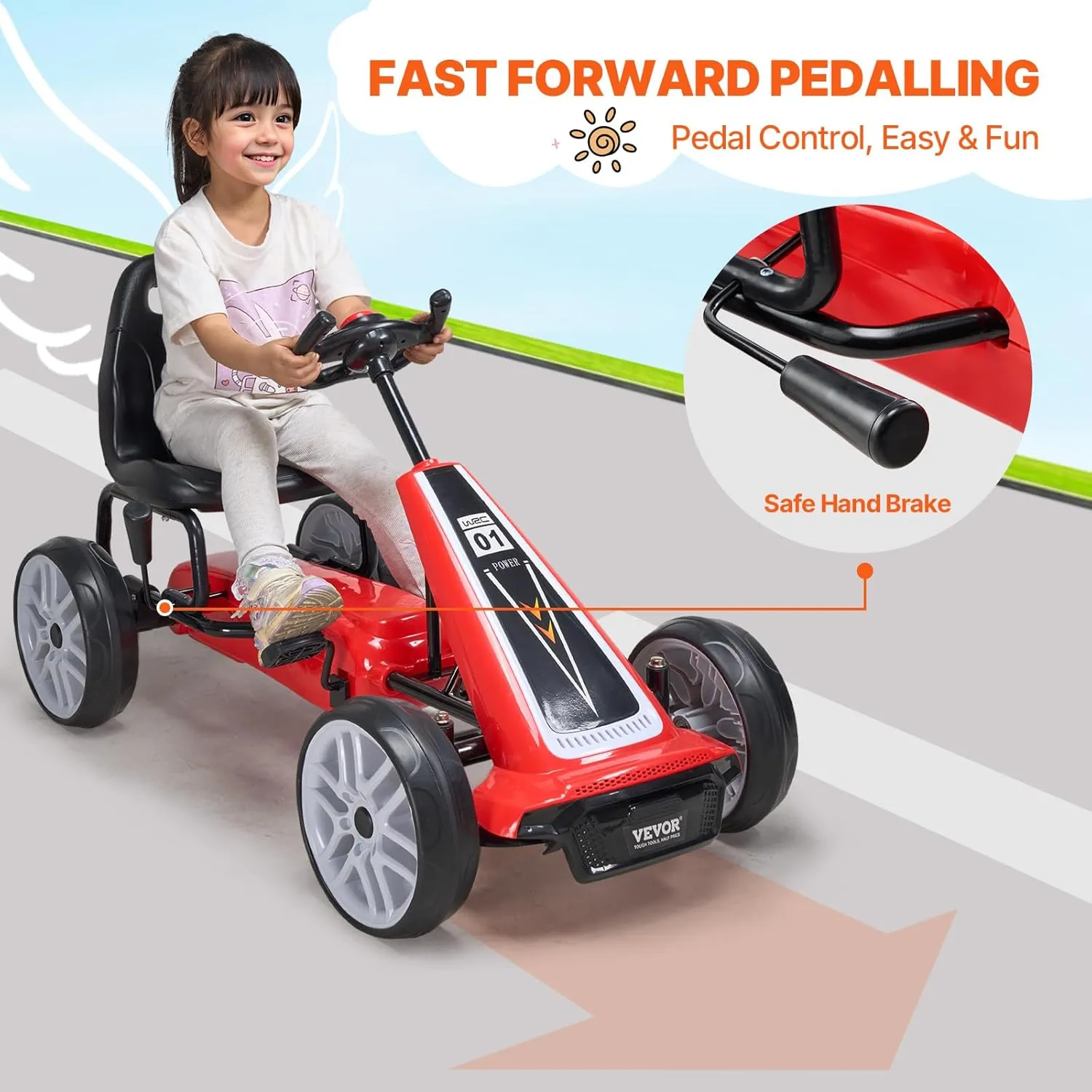 VEVOR Kids Pedal Go Kart, 4 Wheel Off-Road Pedal Go Cart Ride On Toy for Kids, Steering Wheel, Adjustable Seat, Hand Brake, EVA Wheels, Outdoor Racer Ride On Pedal Car for Boys & Girls Ages 5-12, Red