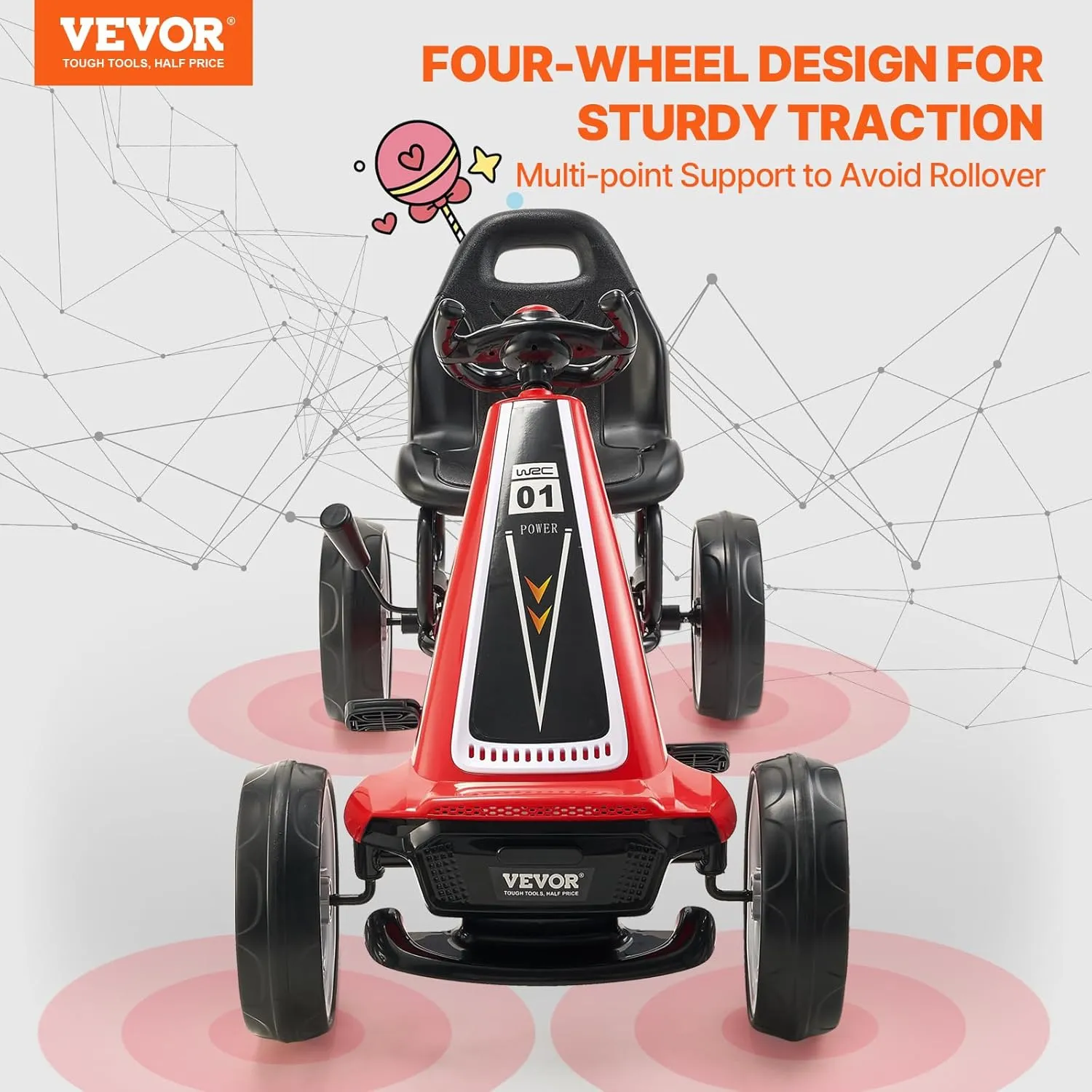 VEVOR Kids Pedal Go Kart, 4 Wheel Off-Road Pedal Go Cart Ride On Toy for Kids, Steering Wheel, Adjustable Seat, Hand Brake, EVA Wheels, Outdoor Racer Ride On Pedal Car for Boys & Girls Ages 5-12, Red