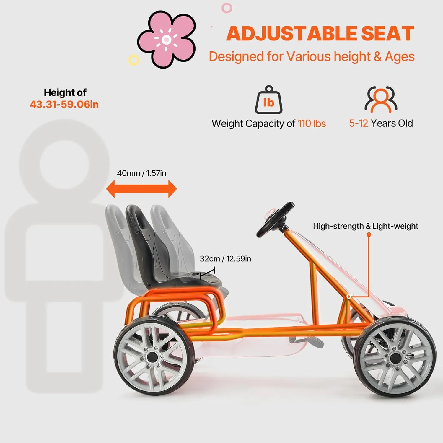 VEVOR Kids Pedal Go Kart, 4 Wheel Off-Road Pedal Go Cart Ride On Toy for Kids, Steering Wheel, Adjustable Seat, Hand Brake, EVA Wheels, Outdoor Racer Ride On Pedal Car for Boys & Girls Ages 5-12, Red