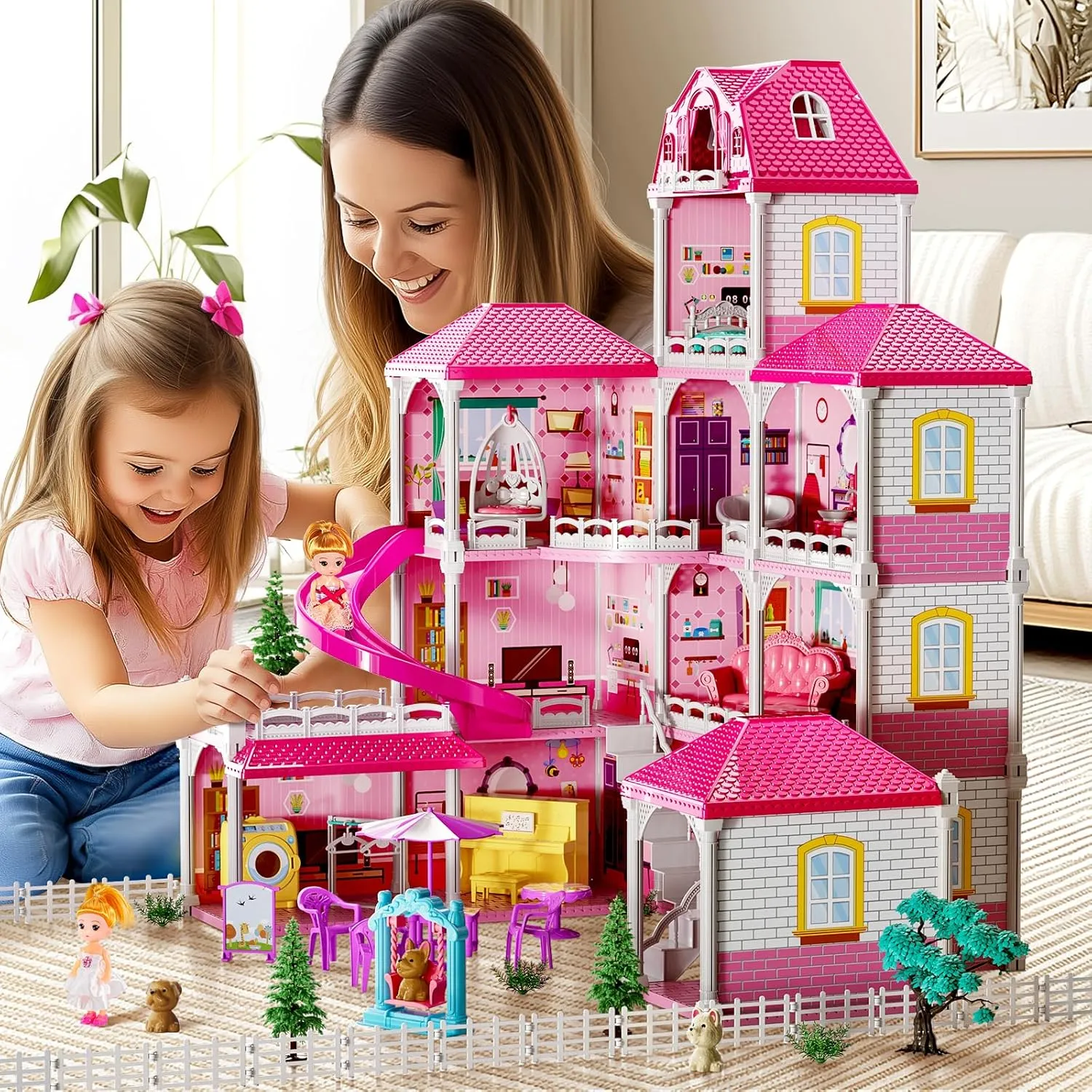 Villa Girls Toys for Kids Ages 2 3 4 5 6 7 - Indoor and Outdoor Toys for Ages 3-8 with 2 Dolls, Pretend Toddlers Playset with Accessories and Furniture, 4-8 Year Old Girl Birthday Gifts