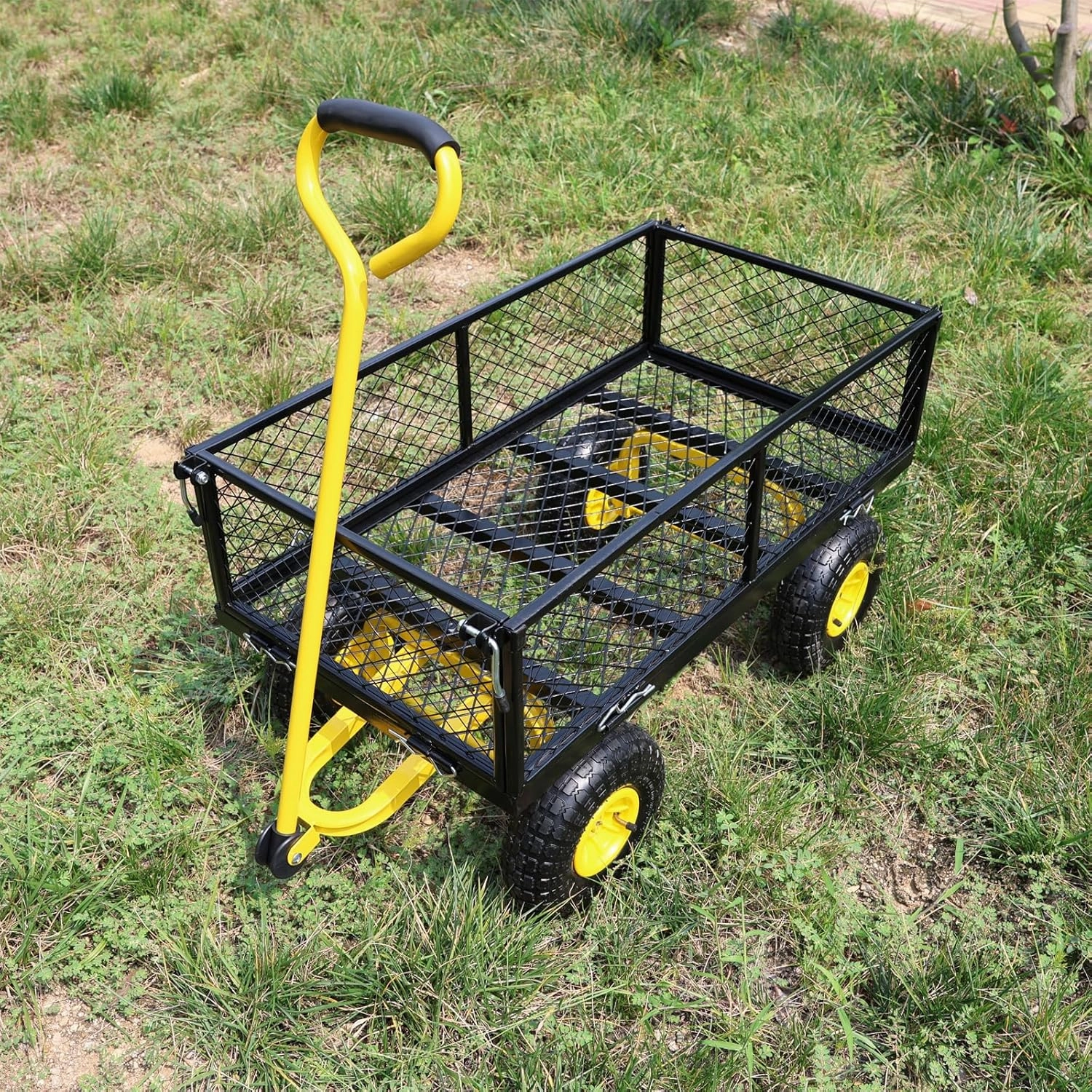 Wagon Removable Sides - Farm, Warehouse, Yard Dump Cart - Yellow Black Air Wheels