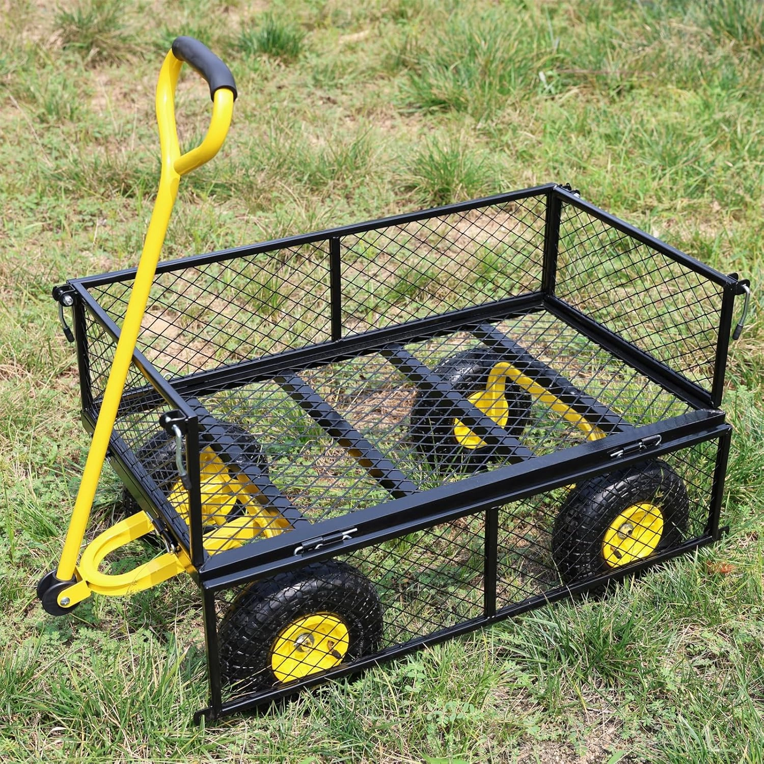 Wagon Removable Sides - Farm, Warehouse, Yard Dump Cart - Yellow Black Air Wheels