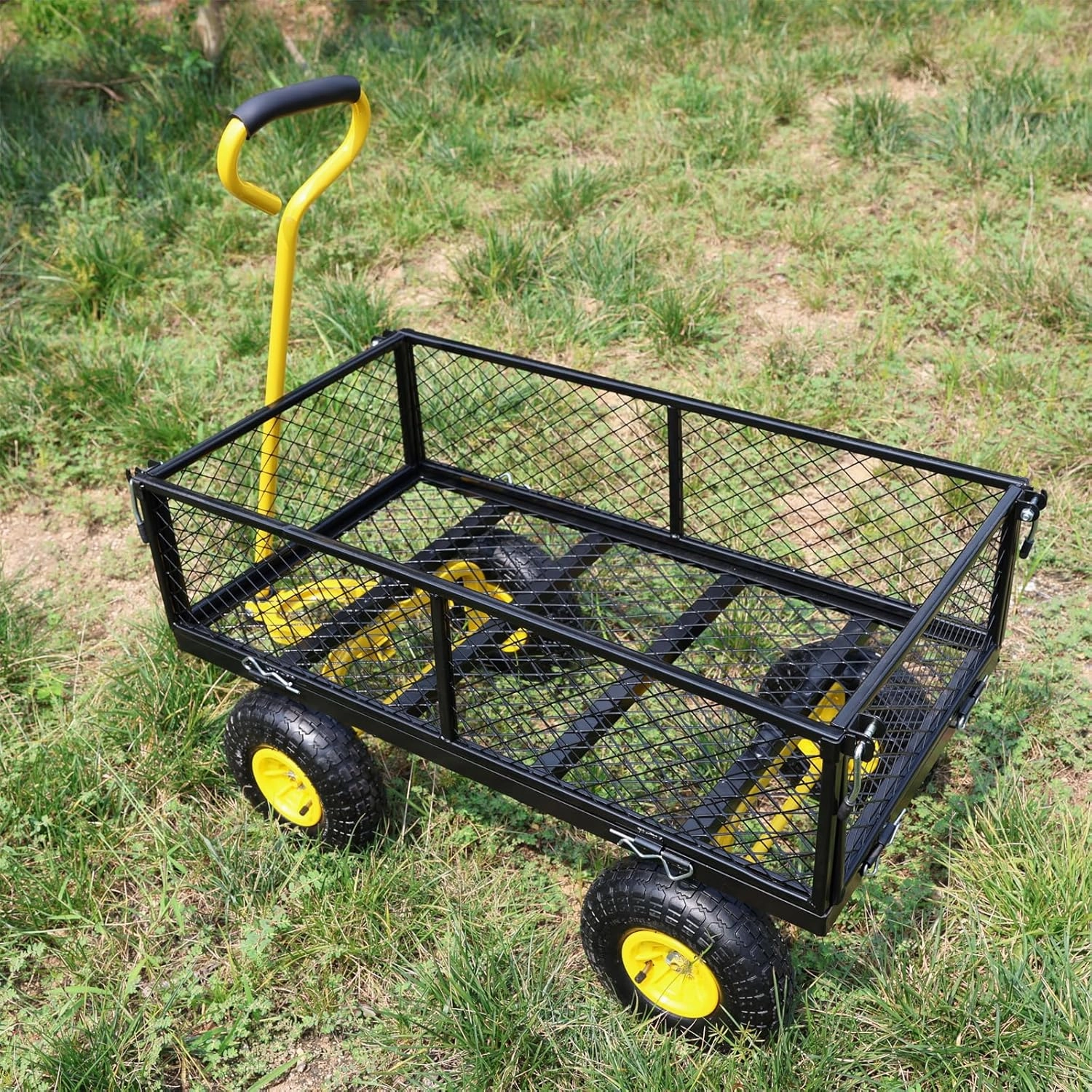 Wagon Removable Sides - Farm, Warehouse, Yard Dump Cart - Yellow Black Air Wheels