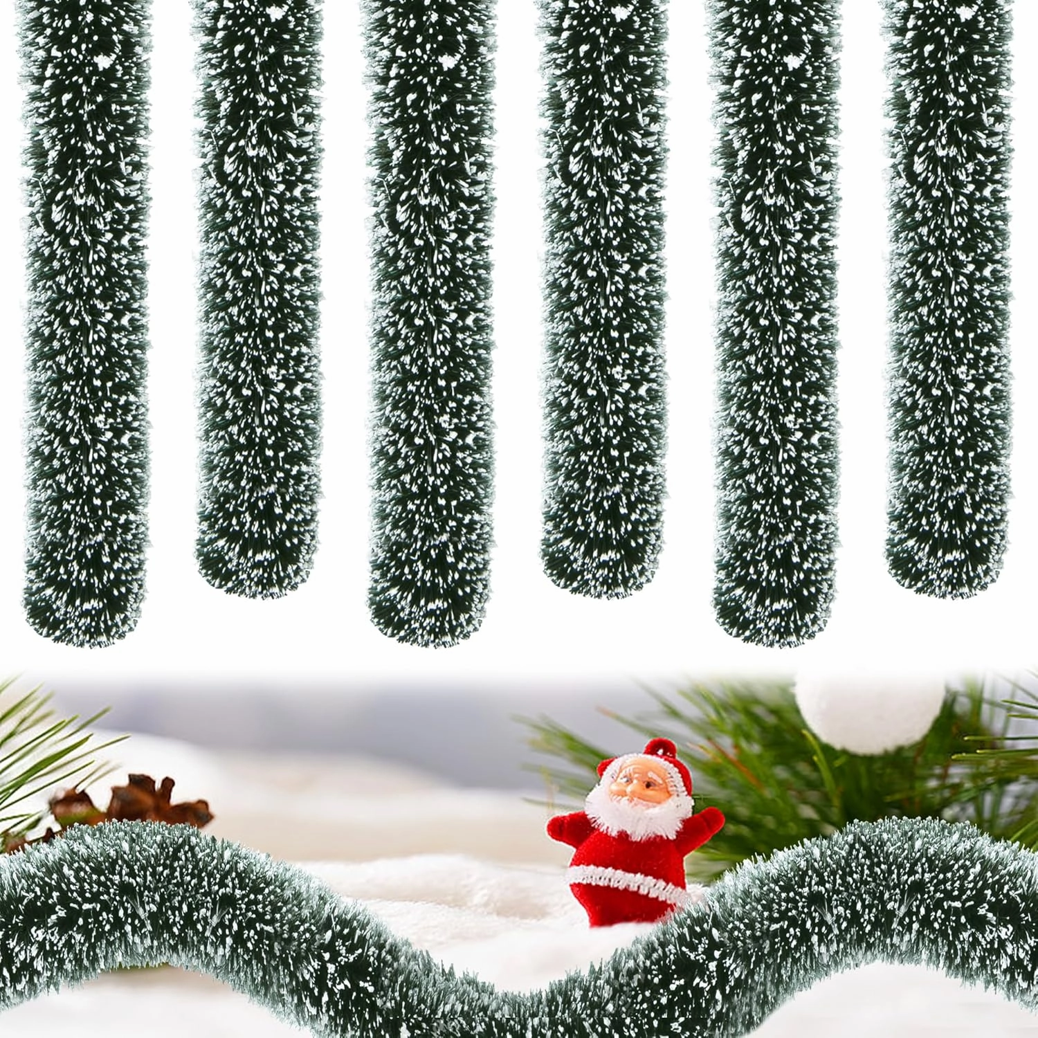 Watayo 6 Pcs Christmas Village Hedges- 14" Extra Length Flexible Sisal Hedge- Winter Micro Landscape Xmas Village Decor Accessories for DIY Snow Scenes, Craft Display, Table Decoration