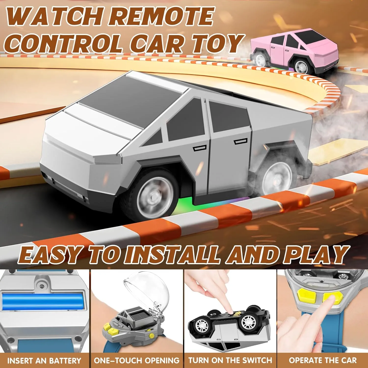 Watch Remote Control Car Toy, 2.4 GHz Mini RC Cars Watch Toy with LED Lights USB Charging Wrist Controlled Small Racing Car Interactive Game Toys for Kids Boy Girl Birthday Christmas