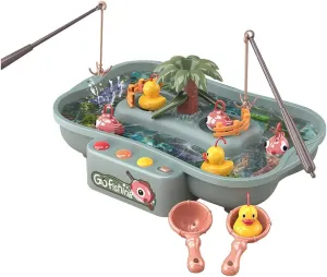 Water Circulating Game Board Play Set with 3 Ducks, 3 Fish, 2 Water Ladles and 2 Fishing Poles, Electronic Toy Fishing Set with 6 Music for Kids Toddlers