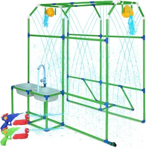 Water Park Sprinkler Toy, Backyard Splash Waterpark Game with Shooting Toys, Dump Bucket, Water Table & Faucets, Sprinkler for Kids Outdoor Summer Water Activities Fun Play (Green)