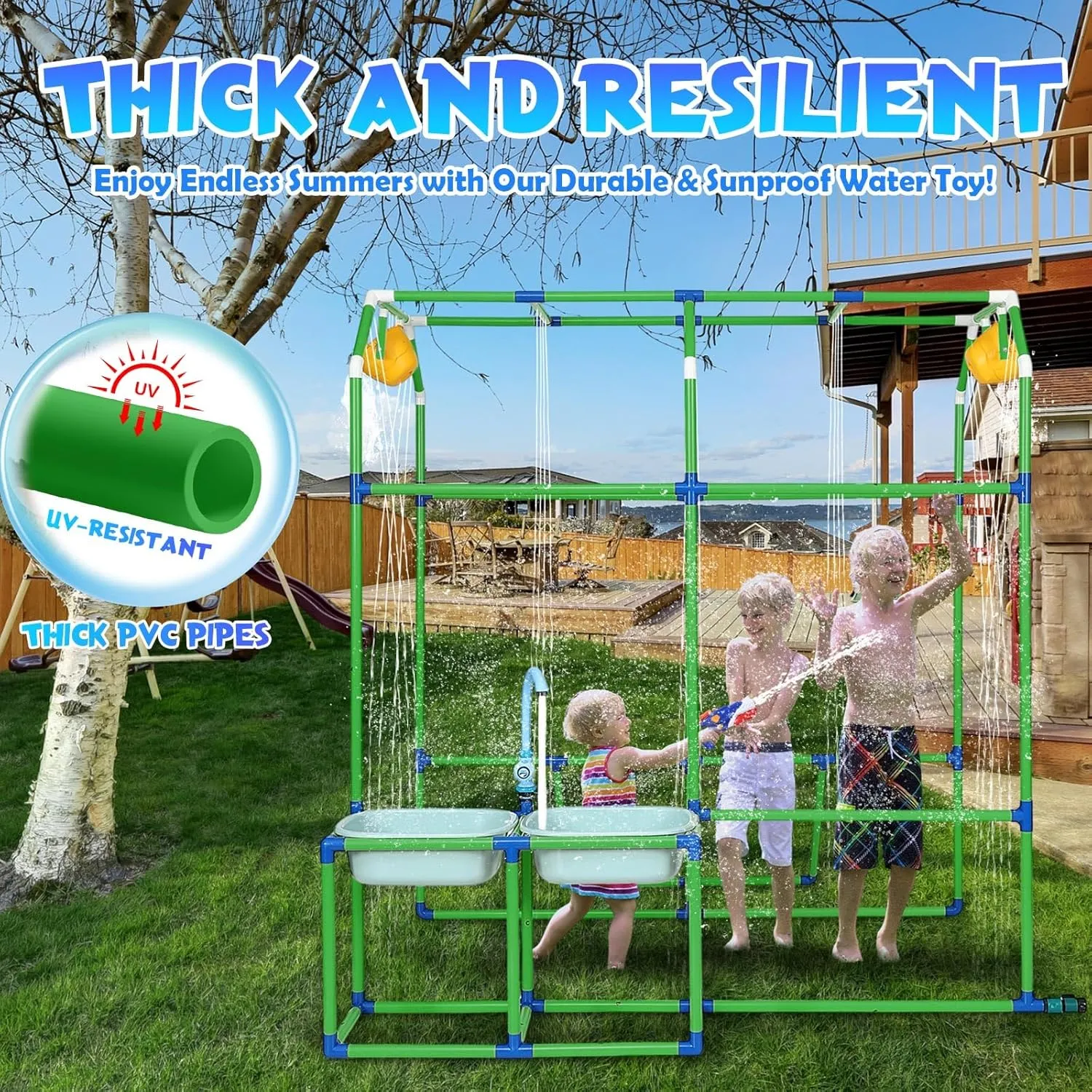 Water Park Sprinkler Toy, Backyard Splash Waterpark Game with Shooting Toys, Dump Bucket, Water Table & Faucets, Sprinkler for Kids Outdoor Summer Water Activities Fun Play (Green)