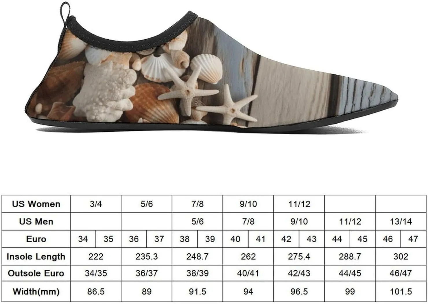 Water Shoes for Women Men Quick Dry Barefoot Shoes Seashells on Wooden Board Sport Shoes Beach Aqua Socks for Hiking Swim Surf Yoga Sport