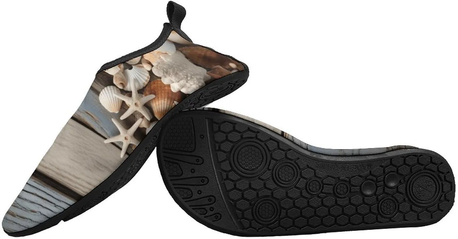 Water Shoes for Women Men Quick Dry Barefoot Shoes Seashells on Wooden Board Sport Shoes Beach Aqua Socks for Hiking Swim Surf Yoga Sport