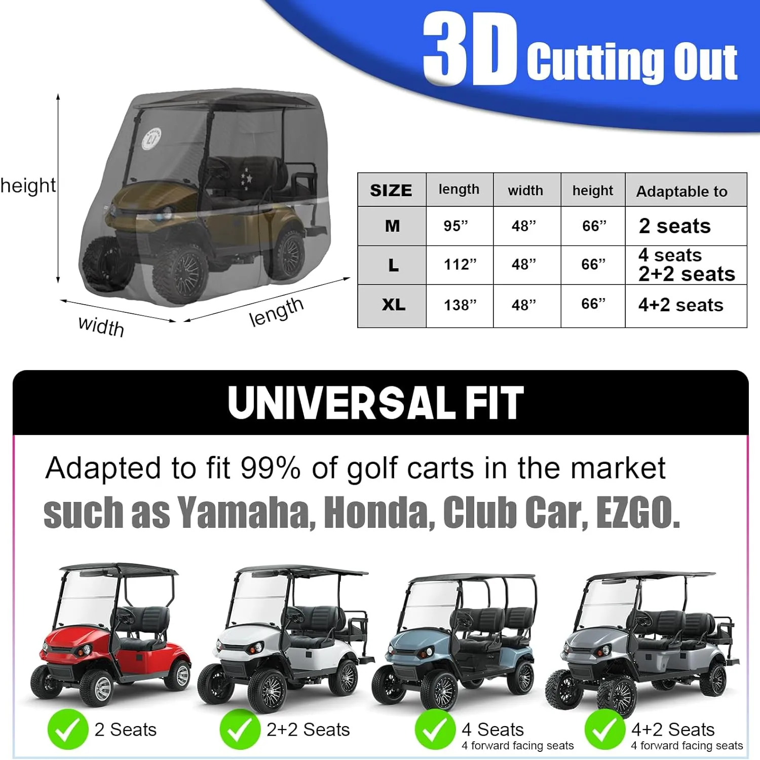 Waterproof Golf Cart Cover, Heavy Duty Marine Grade Fabric, Universal Fits for Most Brand 2/2 2/4 2 Passengers Yamaha, Honda, Club Car, EZGO Golf Cart
