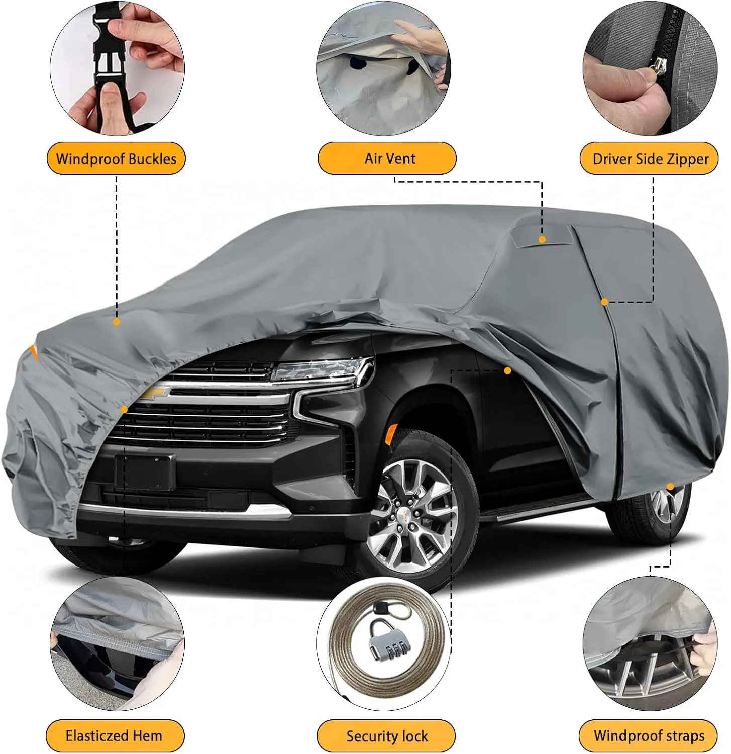 Waterproof Premium Car Covers Replace for 2007-2025 Chevy Suburban/GMC Yukon XL/Cadillac Escalade ESV, 10 Layers Heavy Duty All Weather Car Cover with Zipper Door for Snow Rain Dust Protection