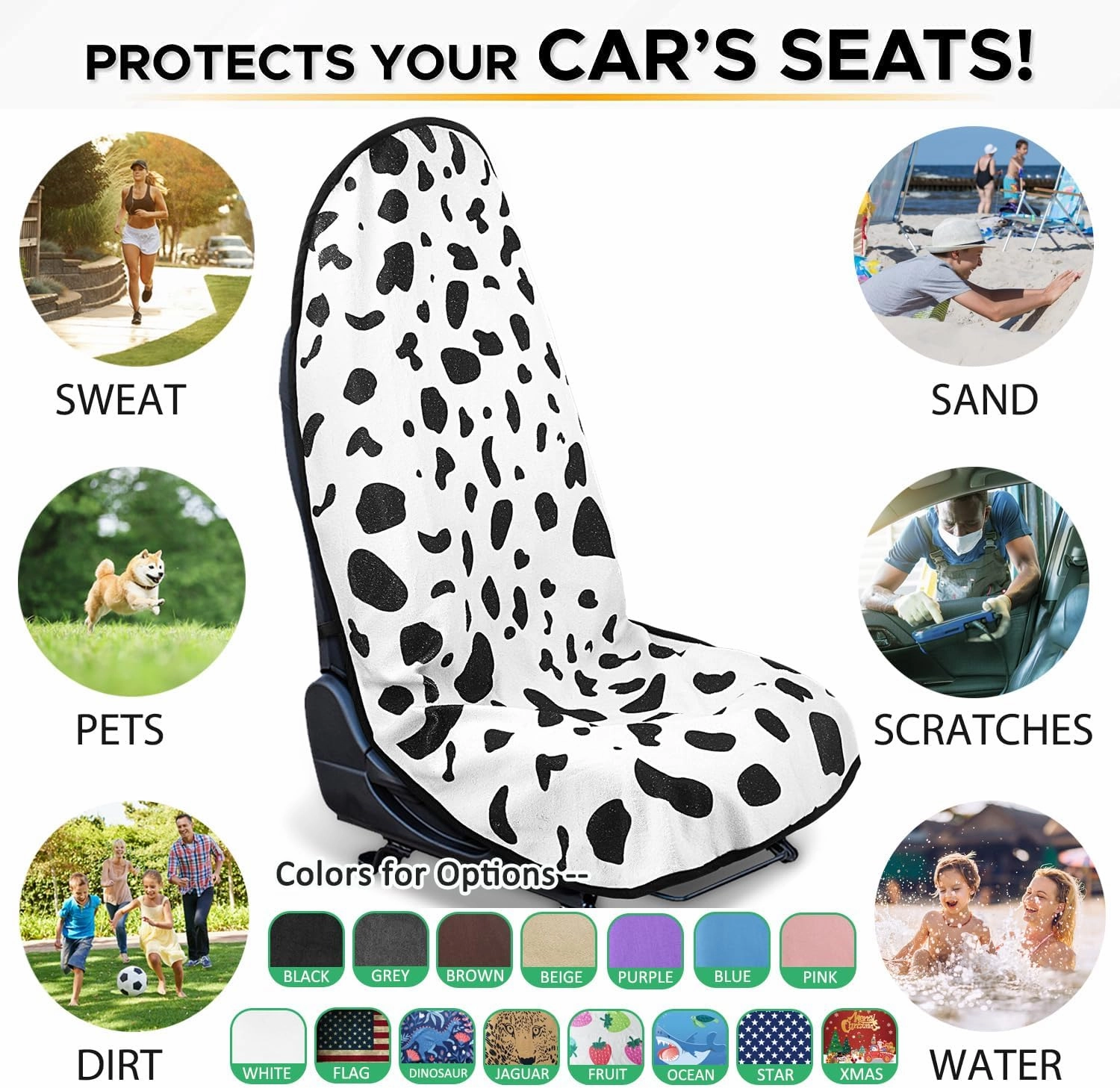 Waterproof Sweating Car Seat Cover for Post Gym Workout, Running, Swimming, Beach and Hiking, Universal Fit Non-Slip Bucket Seat Protector for Cars SUV Trucks, Machine Washable (1pcs-Cow)
