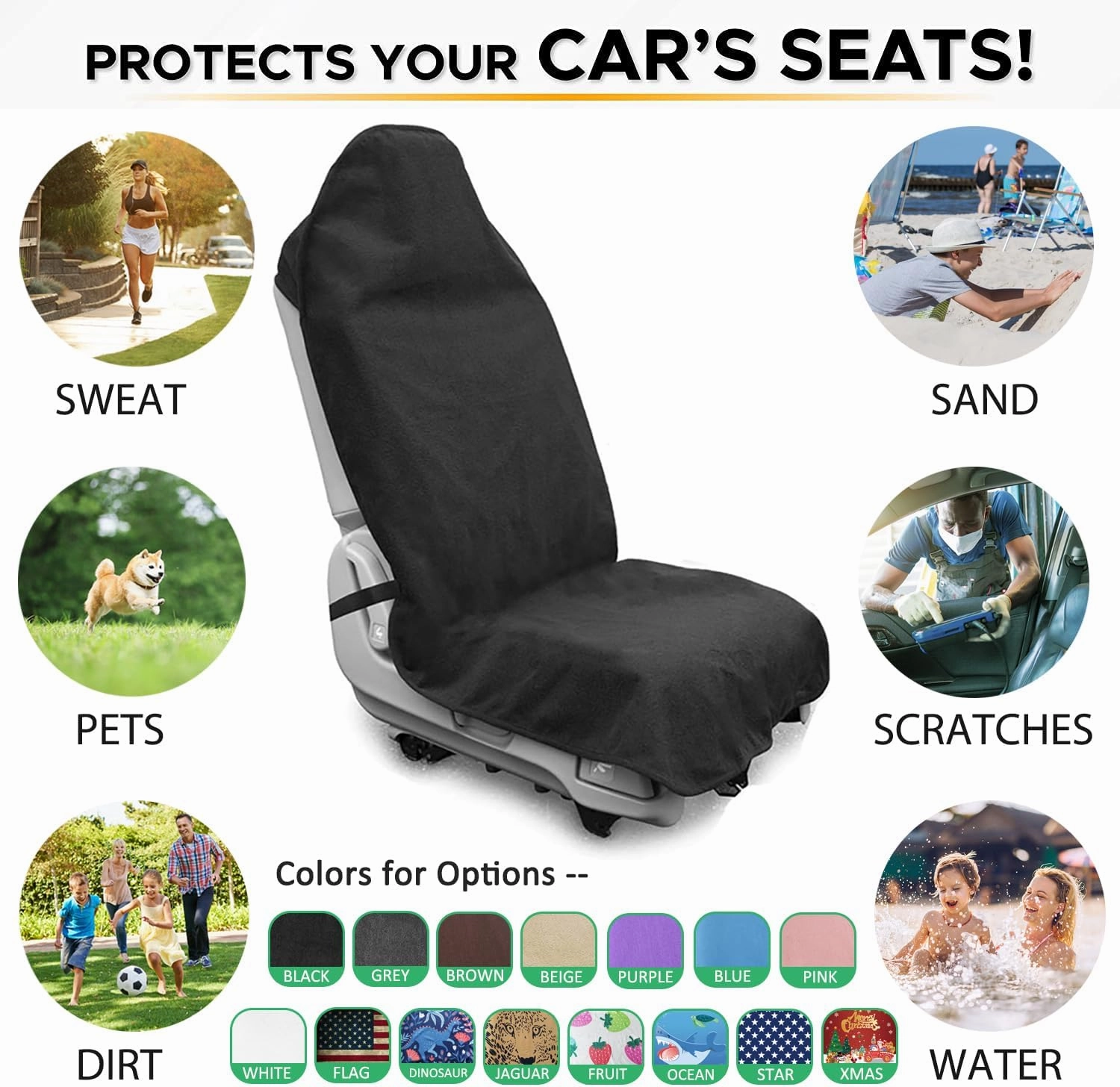 Waterproof Sweating Car Seat Cover for Post Gym Workout, Running, Swimming, Beach and Hiking, Universal Fit Non-Slip Bucket Seat Protector for Cars SUV Trucks, Machine Washable (Black)