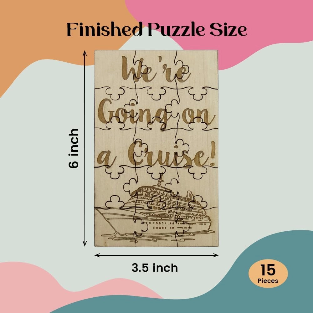 We're Going On A Cruise - 15 Piece Basswood Jigsaw Puzzle, 6" x 3.5" Surprise Vacation Reveal