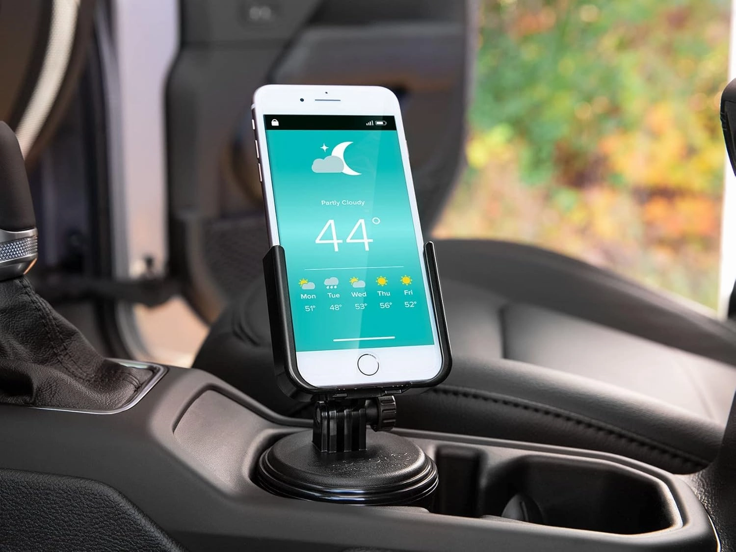 WeatherTech CupFone – Adjustable, Universal Cup Holder Phone Mount Accessory for Car – Compatible with iPhone & Other Smartphones – Open Access Design for Cell Phone Charging - Black Plastic Knobs