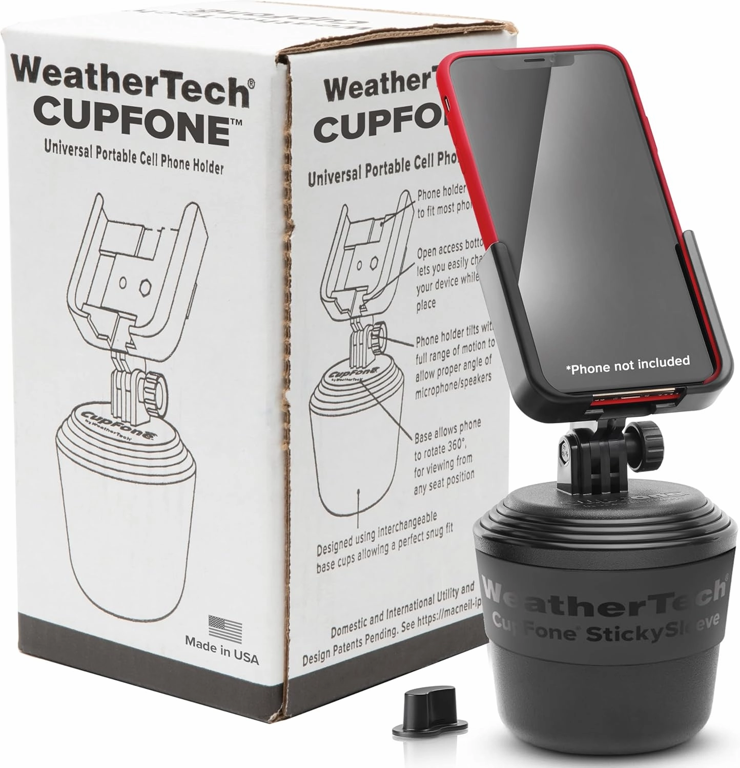 WeatherTech CupFone – Adjustable, Universal Cup Holder Phone Mount Accessory for Car – Compatible with iPhone & Other Smartphones – Open Access Design for Cell Phone Charging - Black Plastic Knobs
