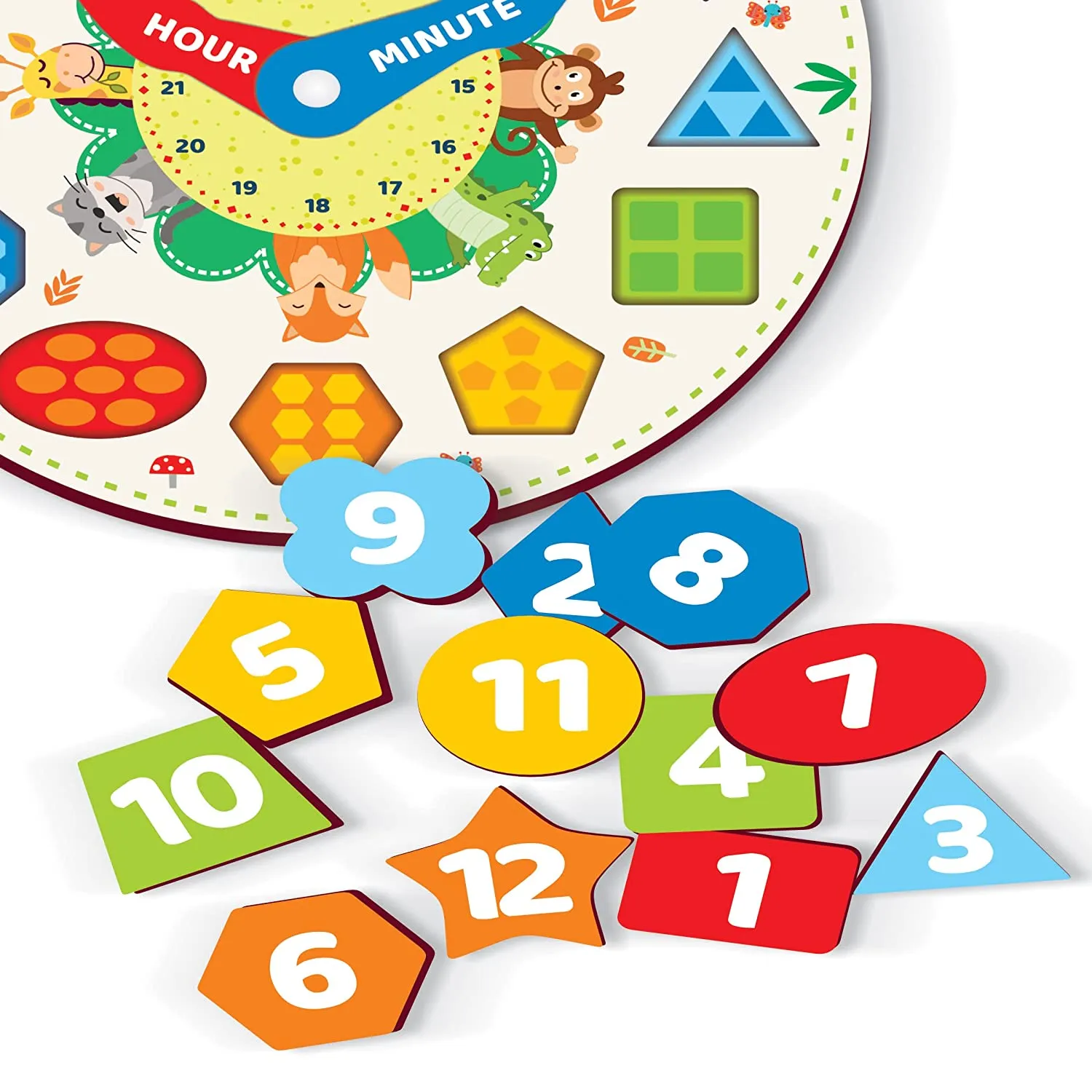 Webby Wooden Early Educational Teaching Clock -Time & Shapes (Round)
