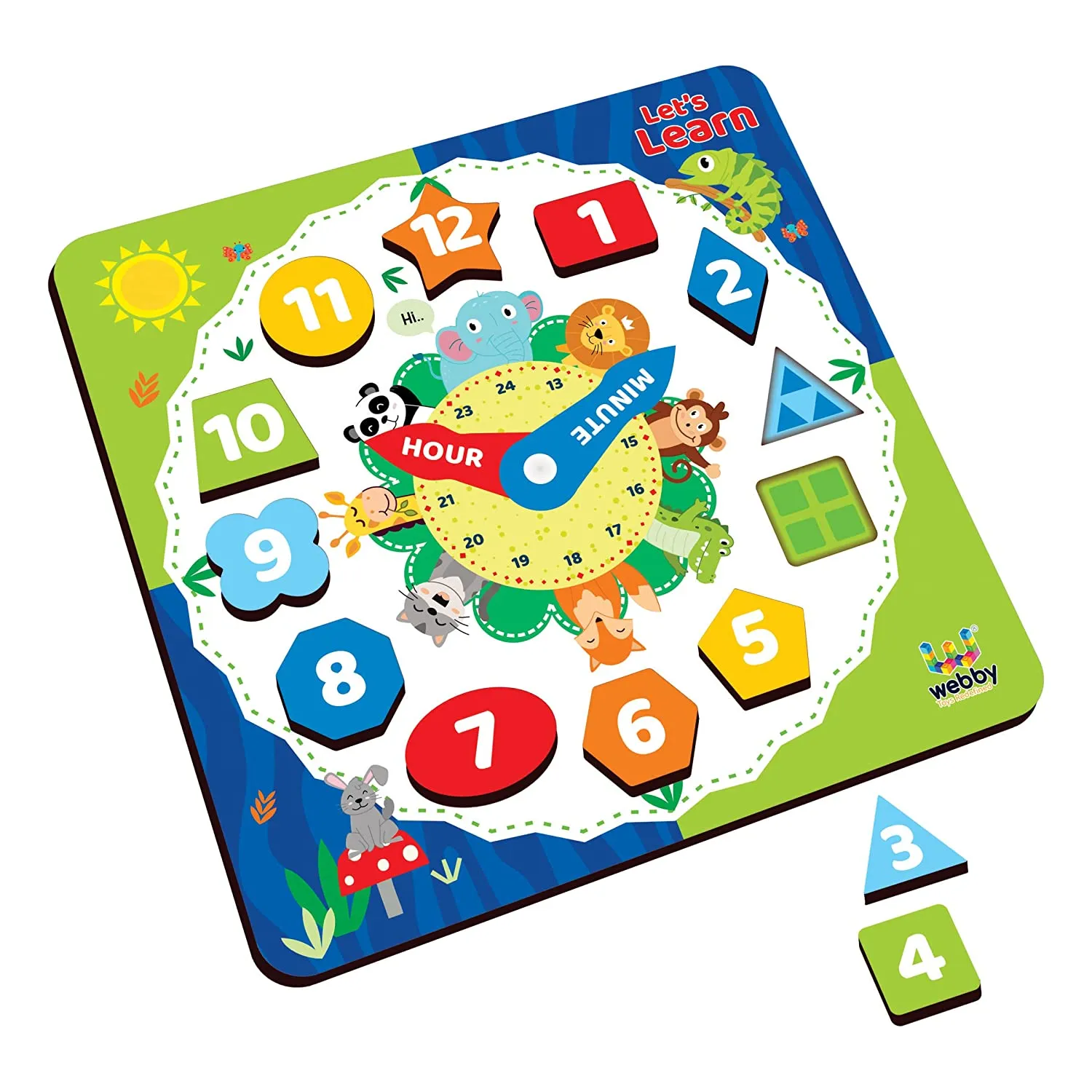Webby Wooden Early Educational Teaching Clock-Time & Shapes Sorting Toy
