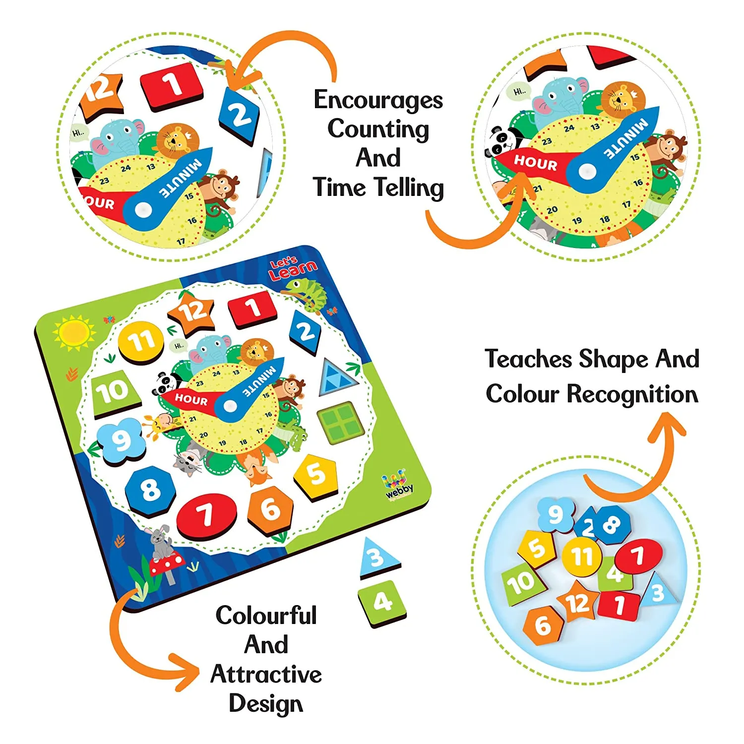 Webby Wooden Early Educational Teaching Clock-Time & Shapes Sorting Toy