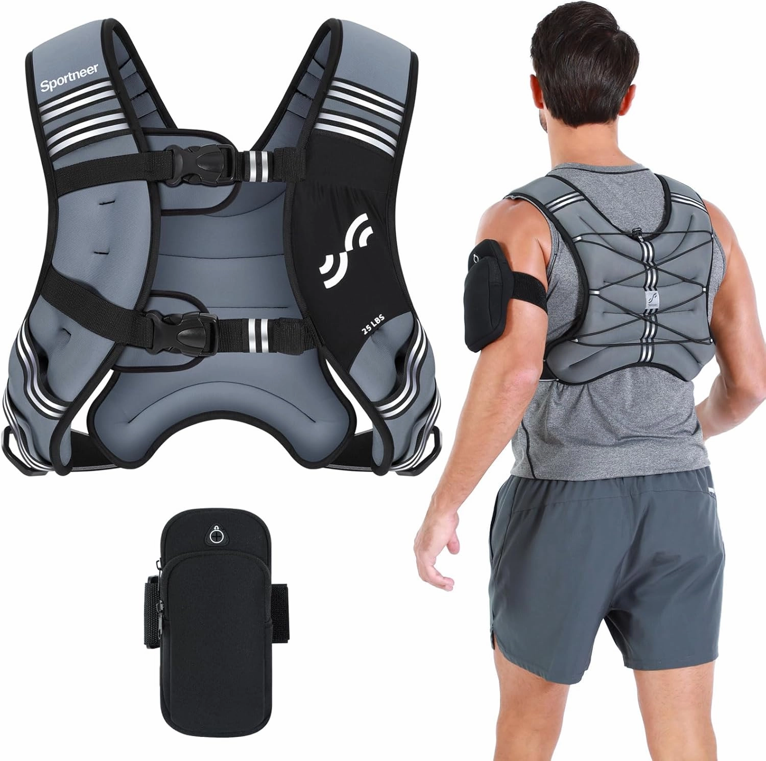 Weighted Vest for Men and Women: Sportneer 8lbs/12lbs/15lbs/20lbs/25lbs Weight Vest with Reflective Stripe Running Vest for Workout Strength Training Fitness Muscle Building Weight Loss Weightlifting