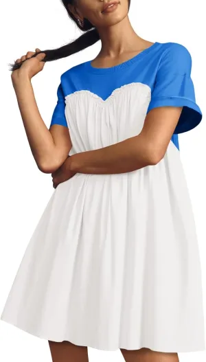 Wenrine Womens Short Sleeve T Shirt Dress Summer Babydoll Patchwork Swing Casual Mini Dresses