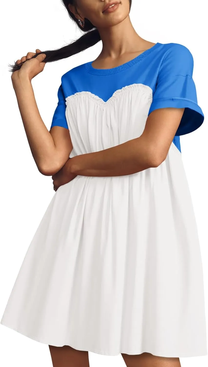 Wenrine Womens Short Sleeve T Shirt Dress Summer Babydoll Patchwork Swing Casual Mini Dresses
