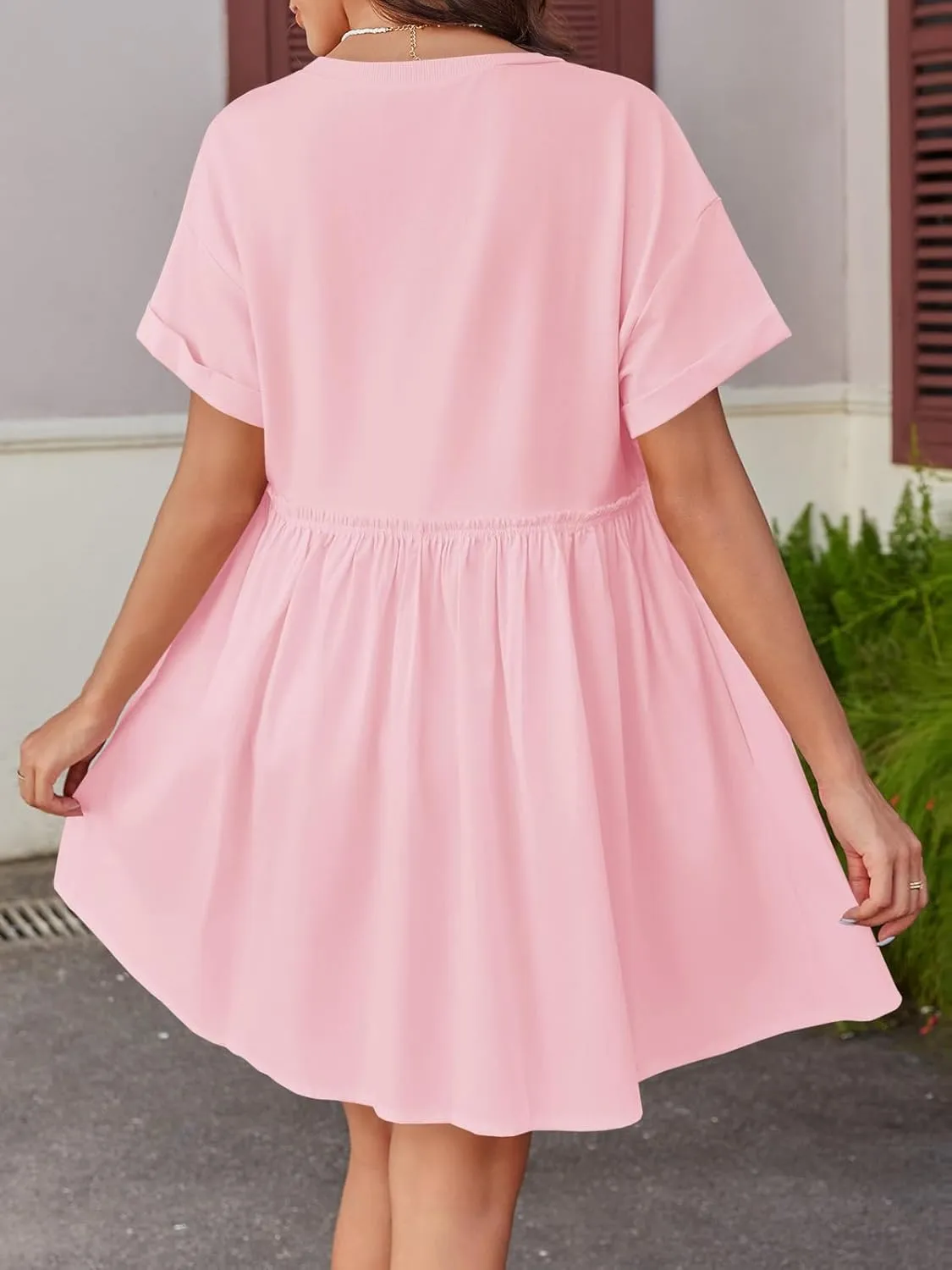 Wenrine Womens Short Sleeve T Shirt Dress Summer Babydoll Patchwork Swing Casual Mini Dresses