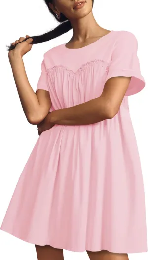 Wenrine Womens Short Sleeve T Shirt Dress Summer Babydoll Patchwork Swing Casual Mini Dresses