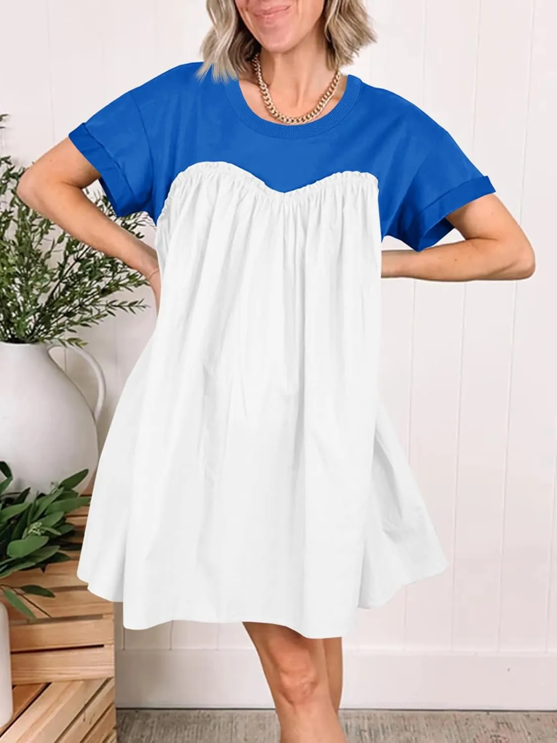 Wenrine Womens Short Sleeve T Shirt Dress Summer Babydoll Patchwork Swing Casual Mini Dresses