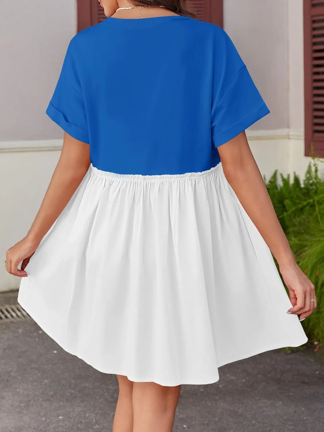 Wenrine Womens Short Sleeve T Shirt Dress Summer Babydoll Patchwork Swing Casual Mini Dresses