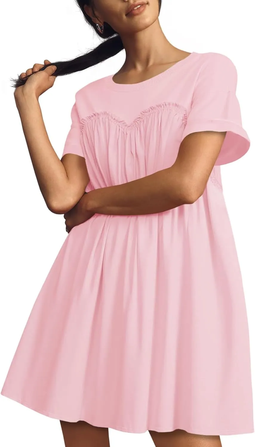 Wenrine Womens Short Sleeve T Shirt Dress Summer Babydoll Patchwork Swing Casual Mini Dresses