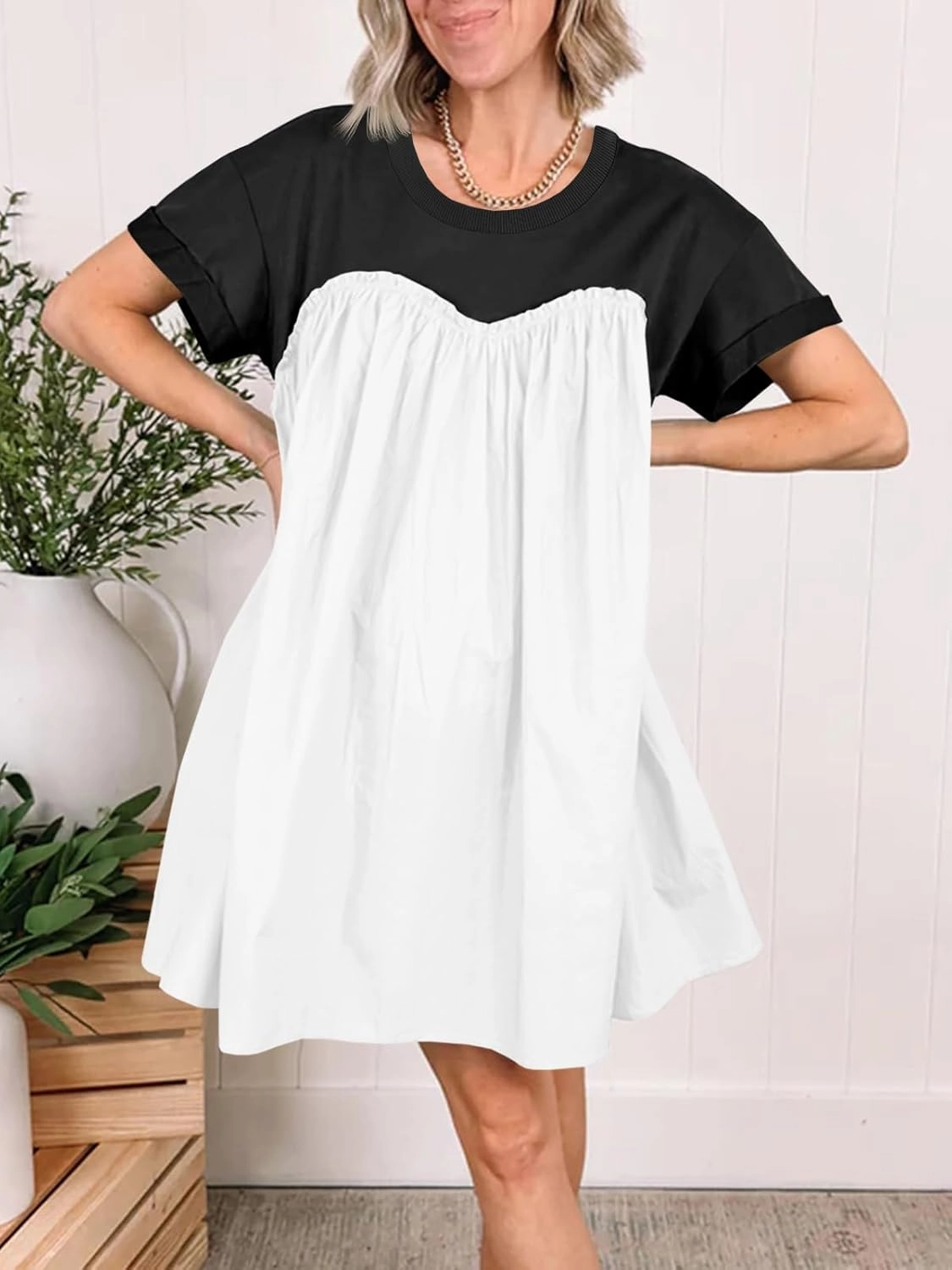 Wenrine Womens Short Sleeve T Shirt Dress Summer Babydoll Patchwork Swing Casual Mini Dresses
