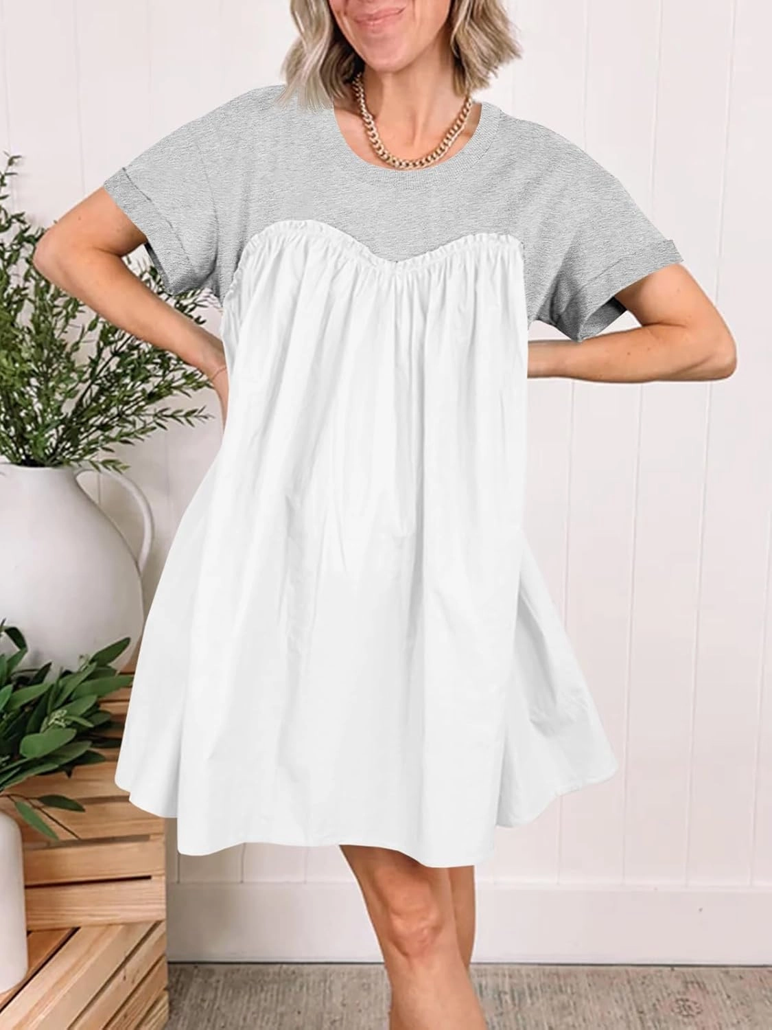 Wenrine Womens Short Sleeve T Shirt Dress Summer Babydoll Patchwork Swing Casual Mini Dresses