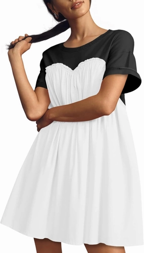 Wenrine Womens Short Sleeve T Shirt Dress Summer Babydoll Patchwork Swing Casual Mini Dresses