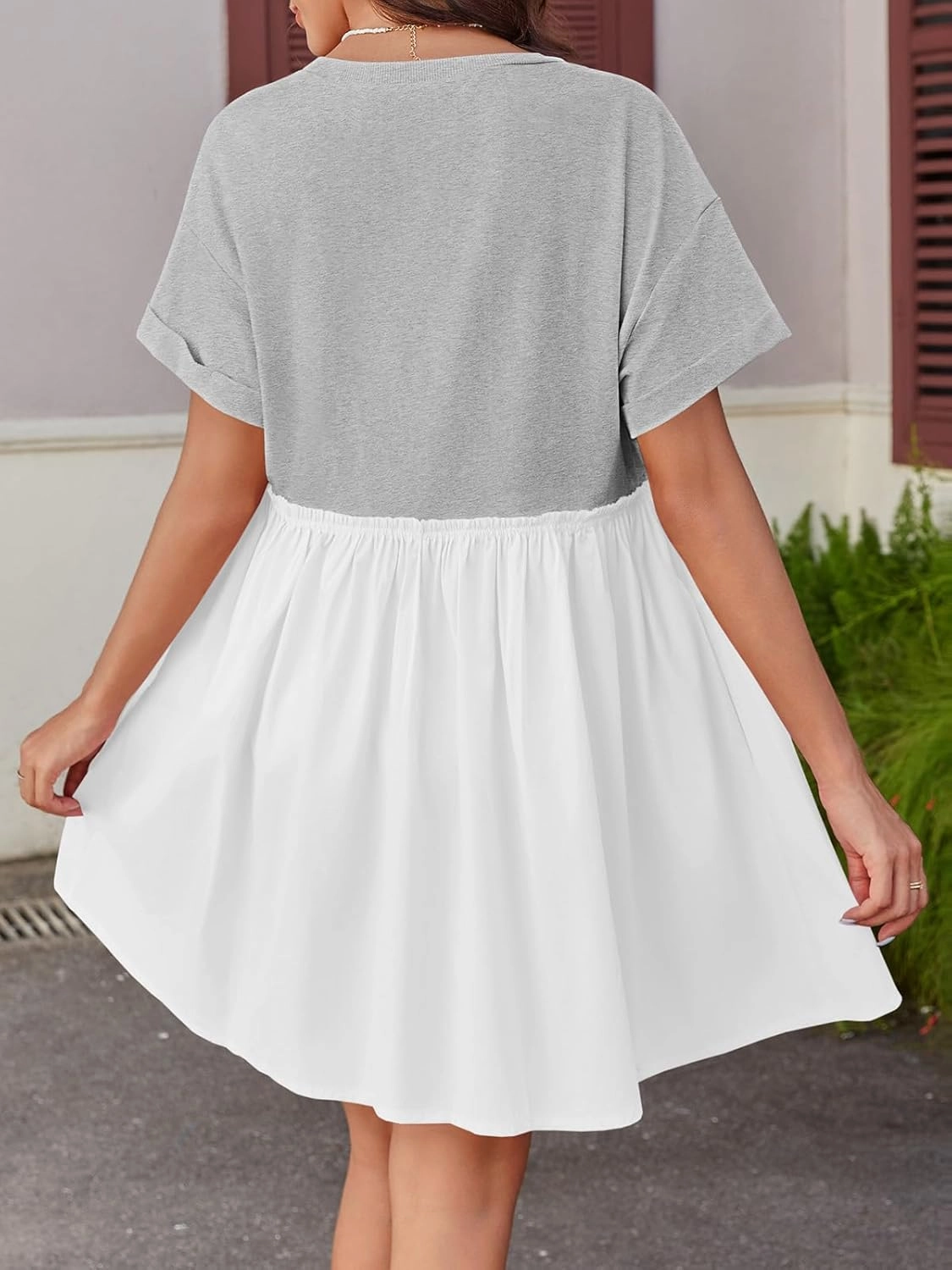 Wenrine Womens Short Sleeve T Shirt Dress Summer Babydoll Patchwork Swing Casual Mini Dresses