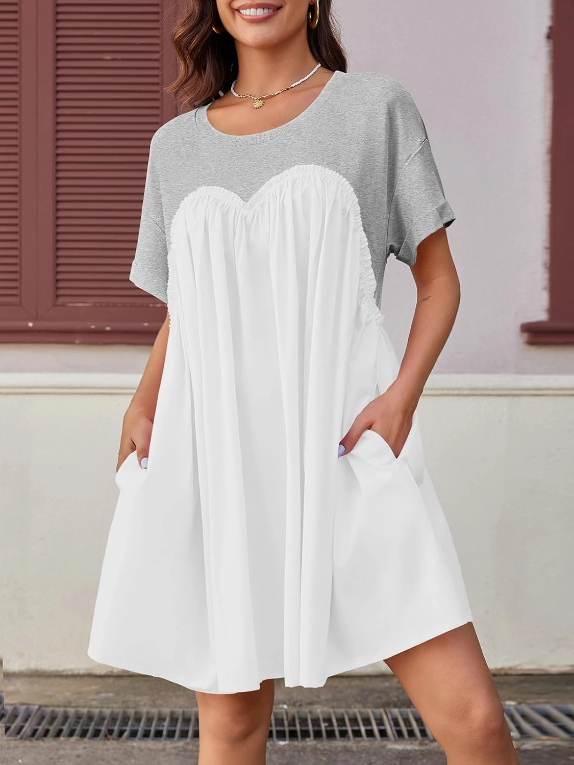 Wenrine Womens Short Sleeve T Shirt Dress Summer Babydoll Patchwork Swing Casual Mini Dresses