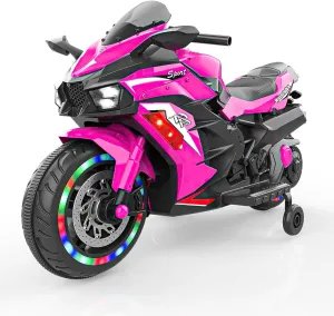 WIIS' IDEA Kids Ride On Motorcycle,12V Electric Battery Powered Ride On Bike,2 Wheels Electric Motorcycle for Kids Ages 3-6 Years with Hand Racing,LED Light-Emitting Tyres,PU seat,Toy Gifts,Pink
