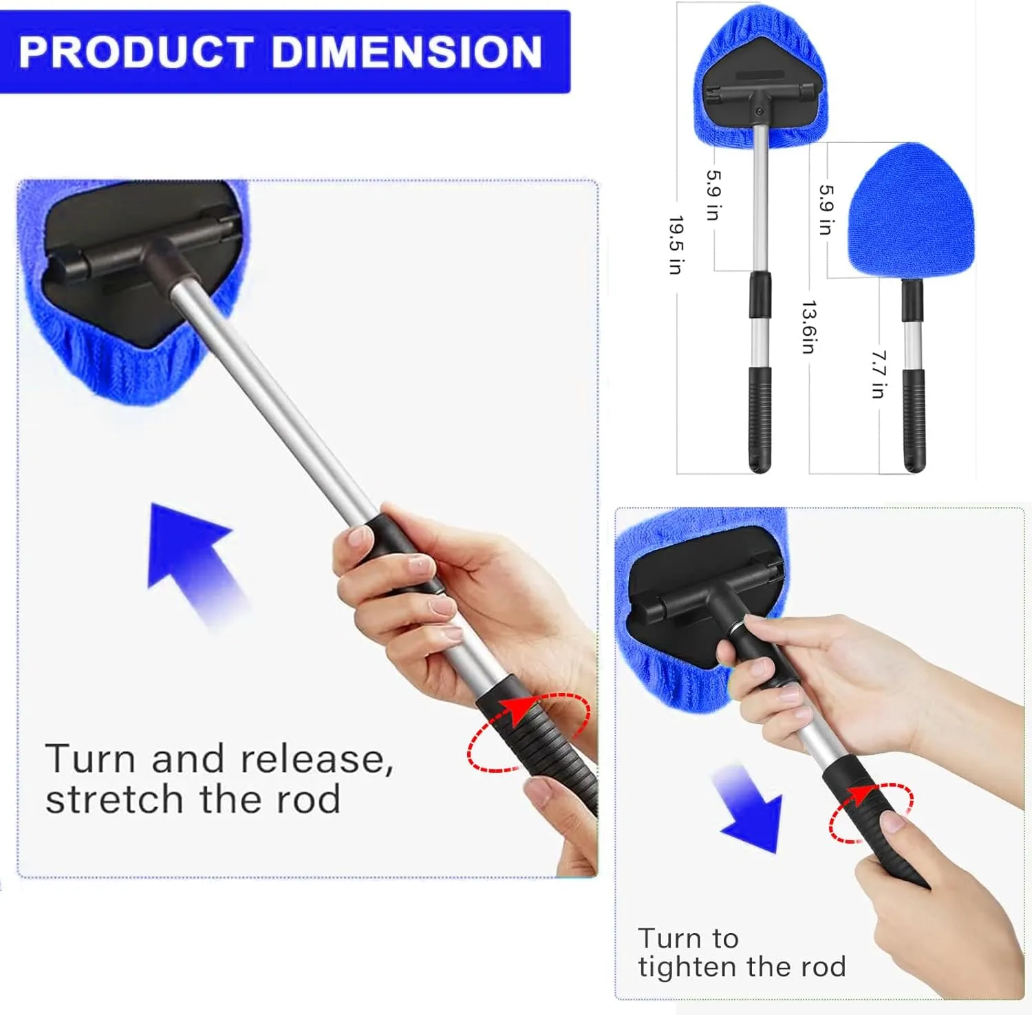 Windshield Cleaner, Car Windshield Cleaning Tool with 3 Reusable and Washable Microfiber Pads and Extendable Handle Microfiber Car Window Cleaner