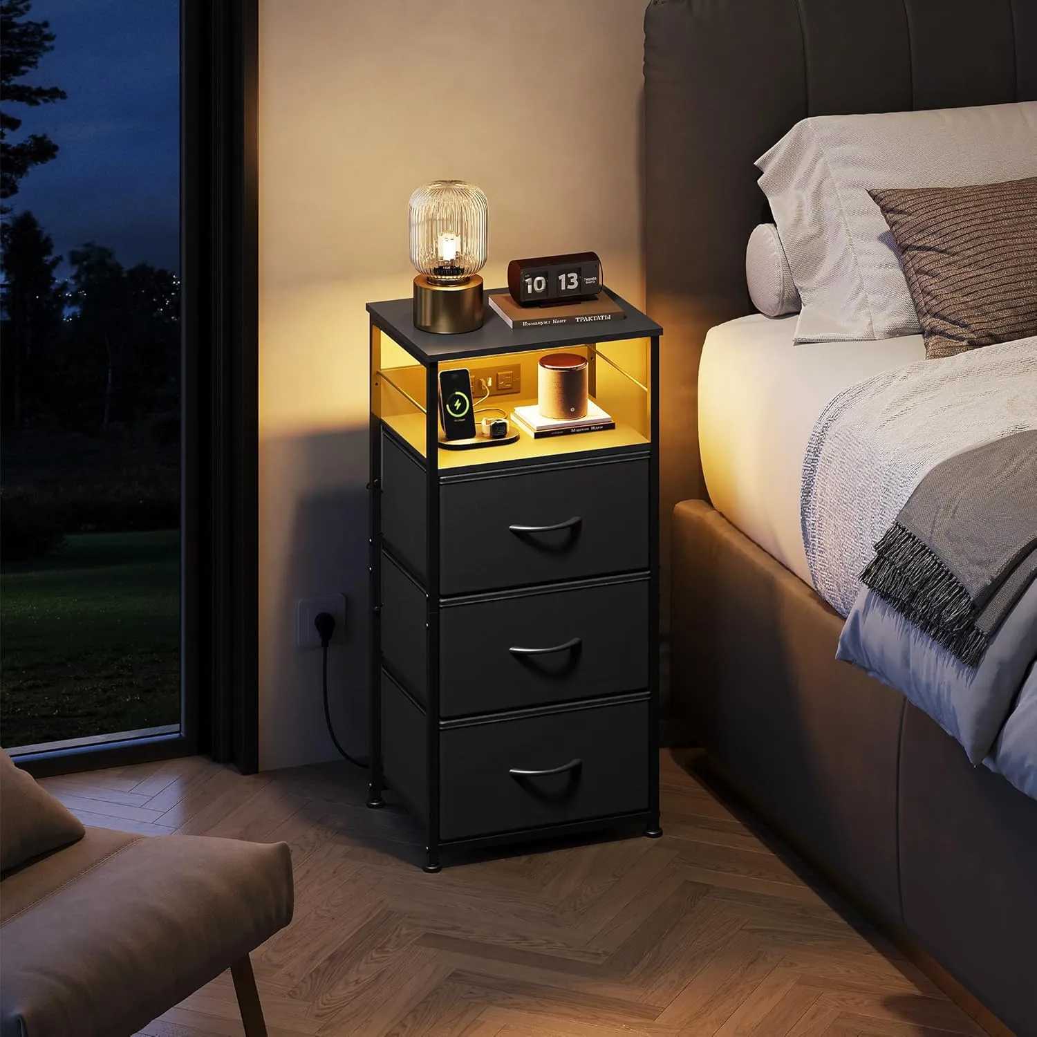 WLIVE LED Nightstand with Charging Station, Black Night Stand with 3 Fabric Drawers and Storage Shelf, Small Dresser for Small Space, 31.9" H Bedside Table with USB Ports and Outlets for Bedroom