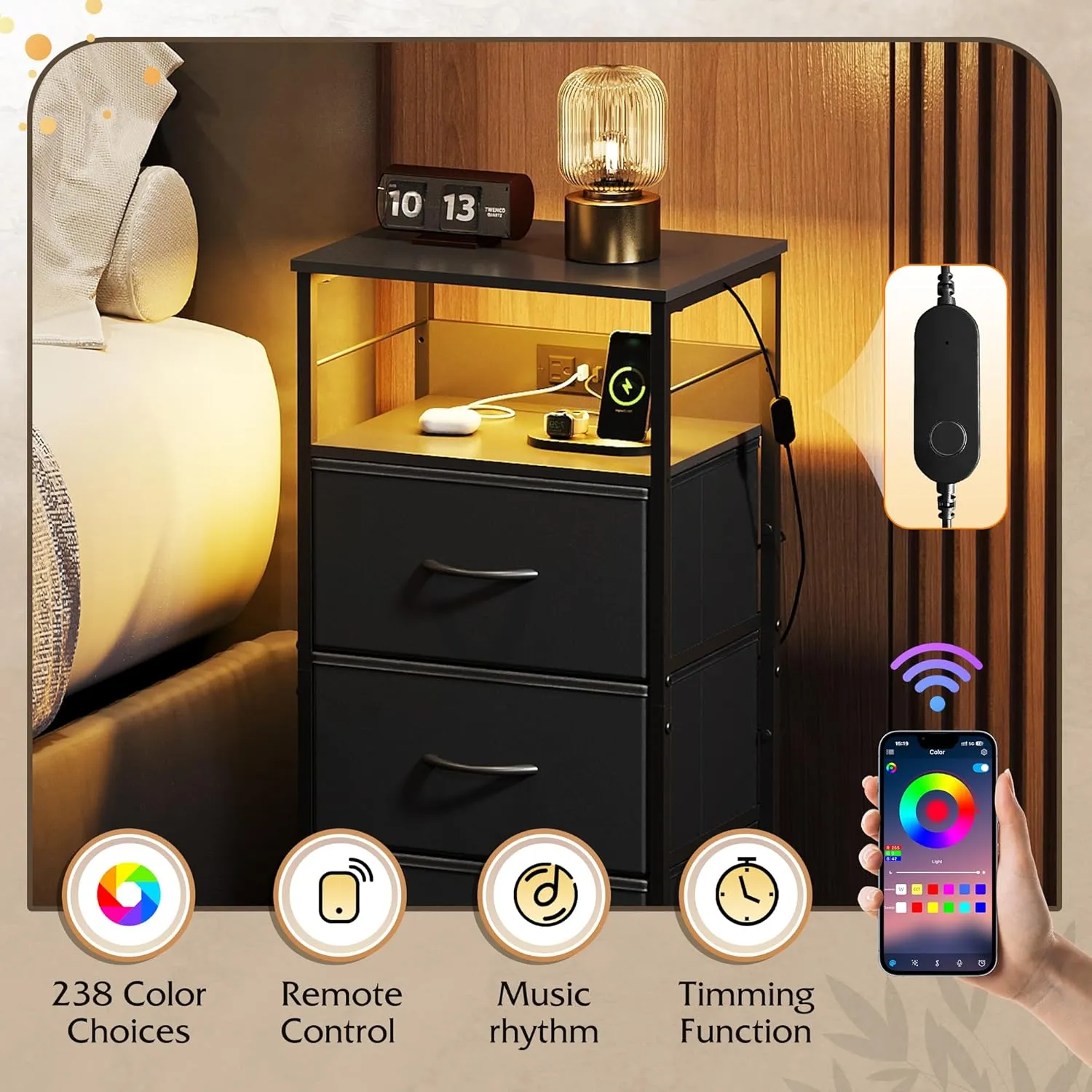 WLIVE LED Nightstand with Charging Station, Black Night Stand with 3 Fabric Drawers and Storage Shelf, Small Dresser for Small Space, 31.9" H Bedside Table with USB Ports and Outlets for Bedroom