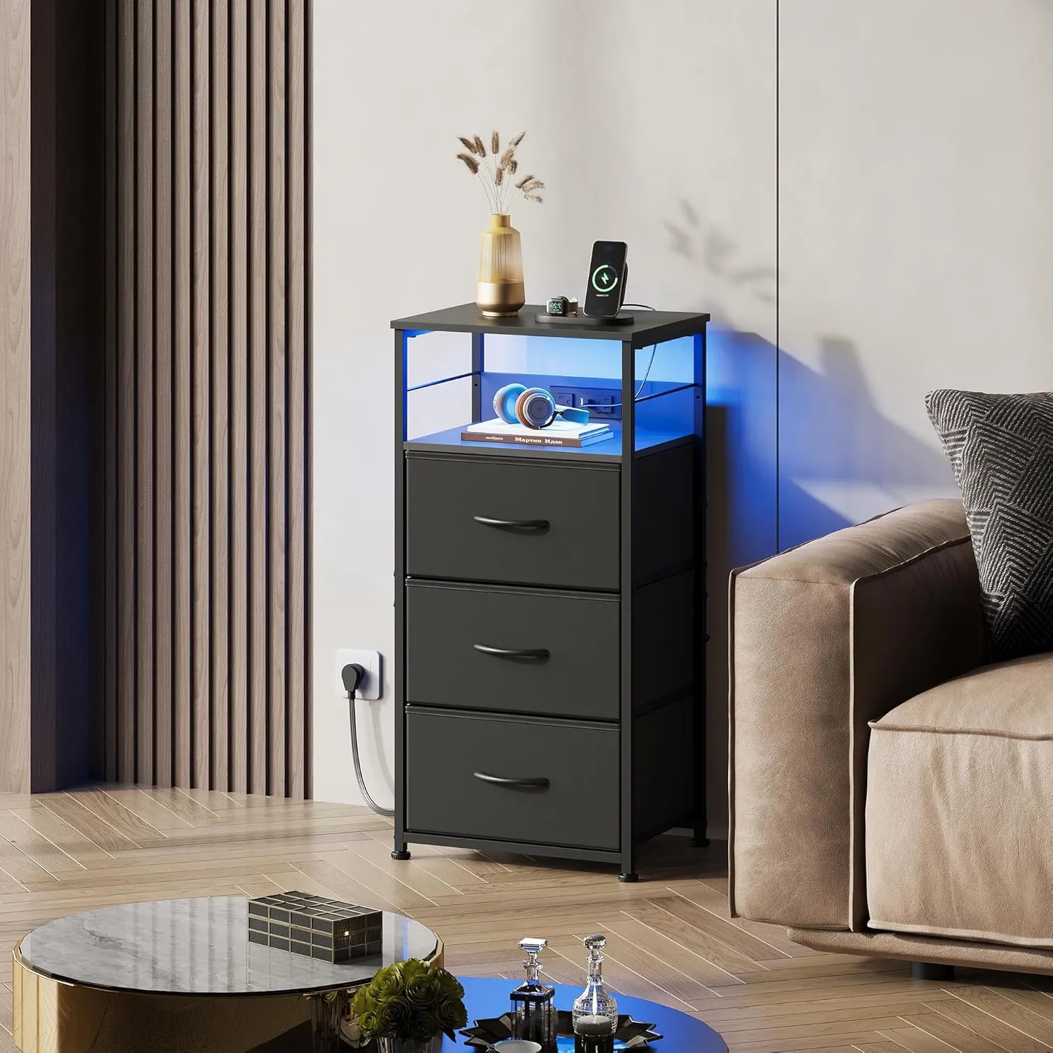 WLIVE LED Nightstand with Charging Station, Black Night Stand with 3 Fabric Drawers and Storage Shelf, Small Dresser for Small Space, 31.9" H Bedside Table with USB Ports and Outlets for Bedroom