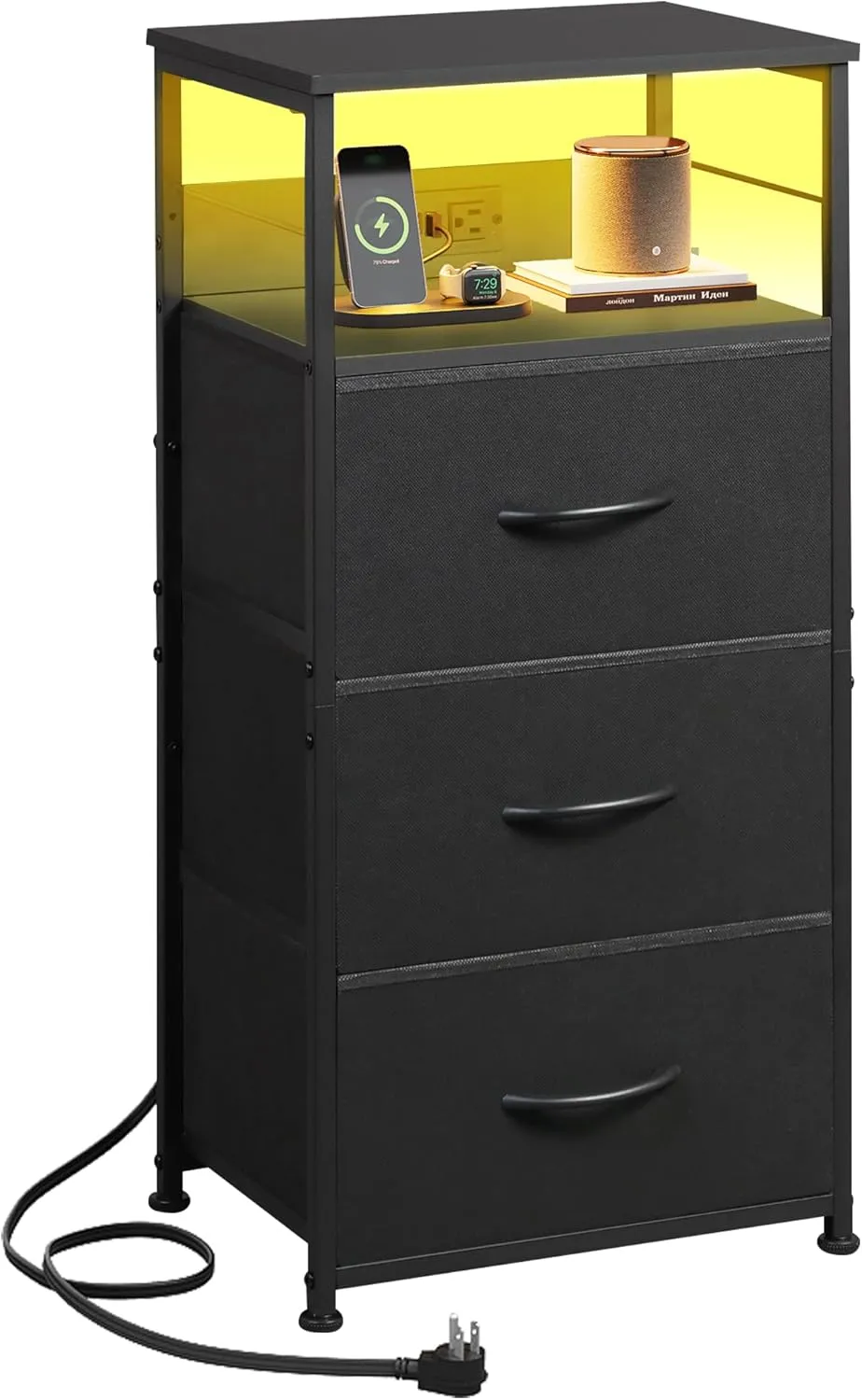 WLIVE LED Nightstand with Charging Station, Black Night Stand with 3 Fabric Drawers and Storage Shelf, Small Dresser for Small Space, 31.9" H Bedside Table with USB Ports and Outlets for Bedroom