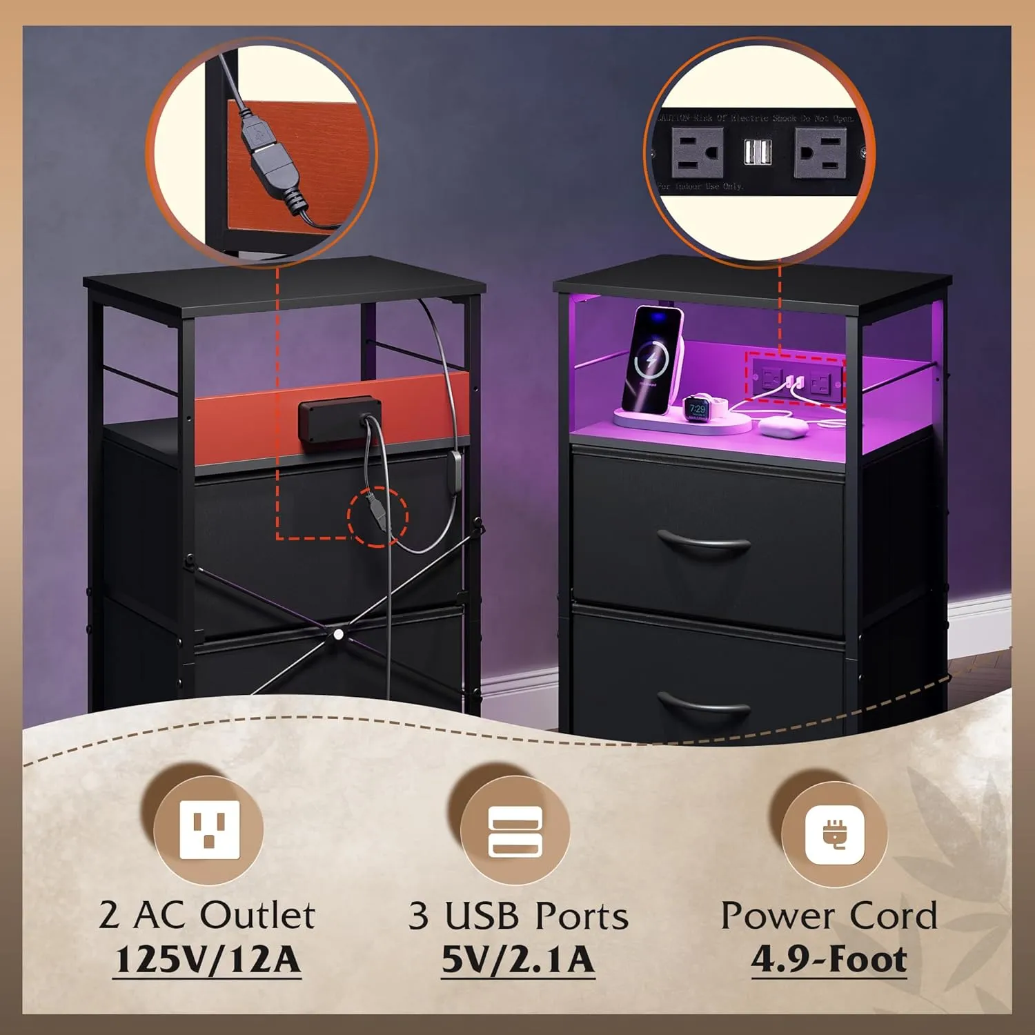 WLIVE LED Nightstand with Charging Station, Black Night Stand with 3 Fabric Drawers and Storage Shelf, Small Dresser for Small Space, 31.9" H Bedside Table with USB Ports and Outlets for Bedroom